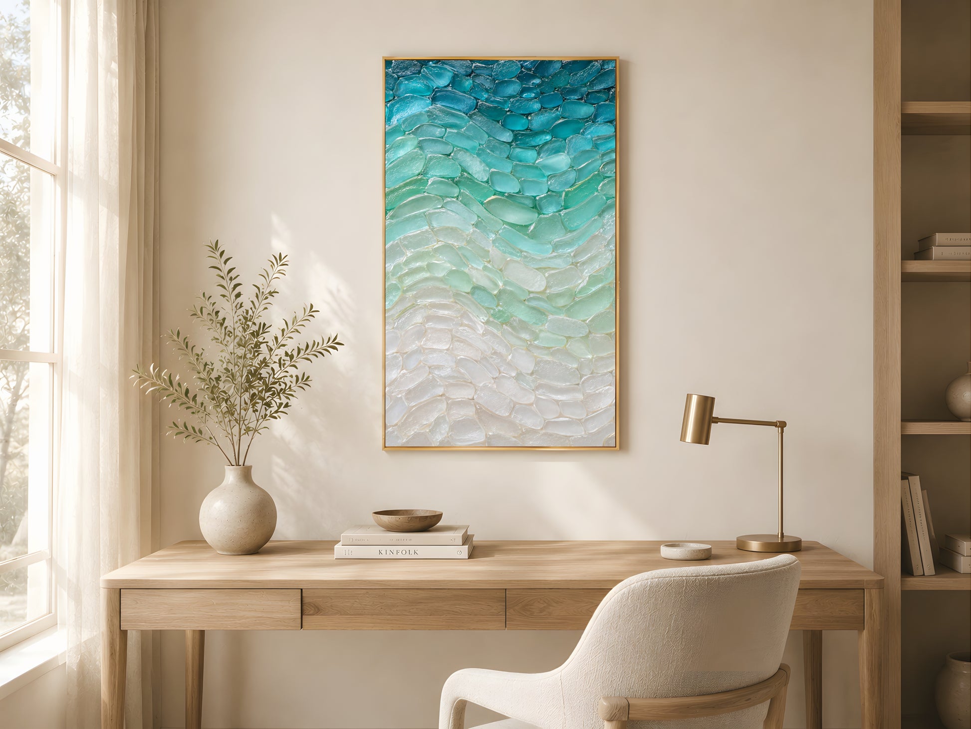 
Sea glass wave wall art in gold frame in bright minimalist home office with cream armchair