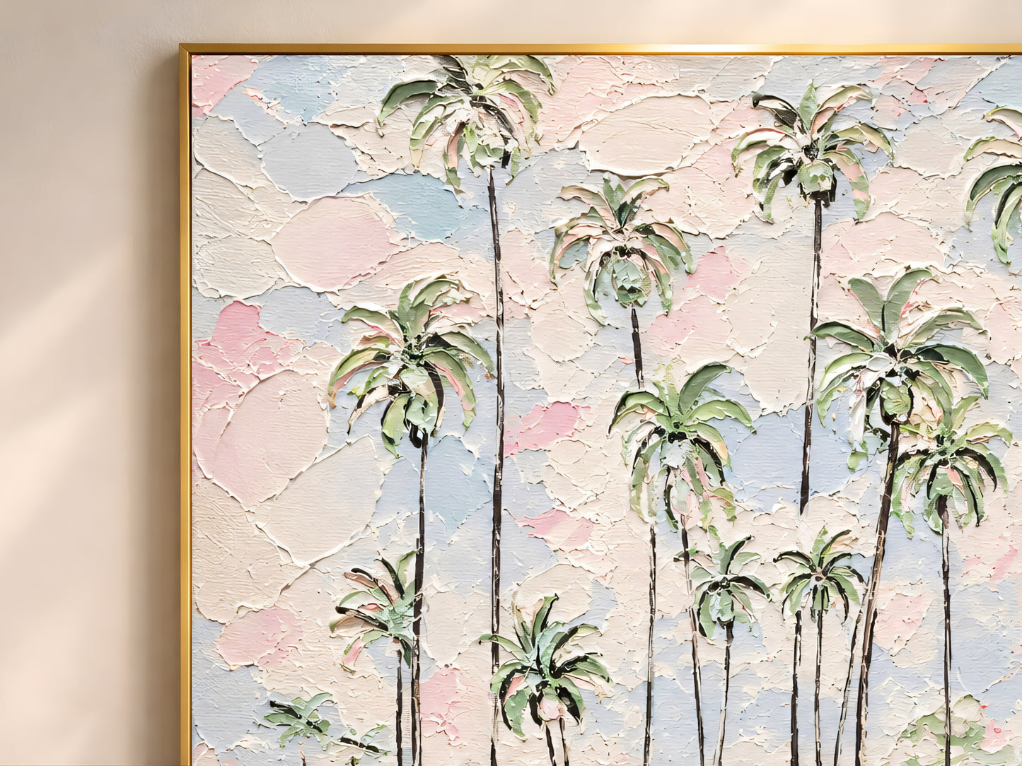 Close-up detail of impasto texture showing palm trees pink umbrellas and chalky pastel brushstrokes
