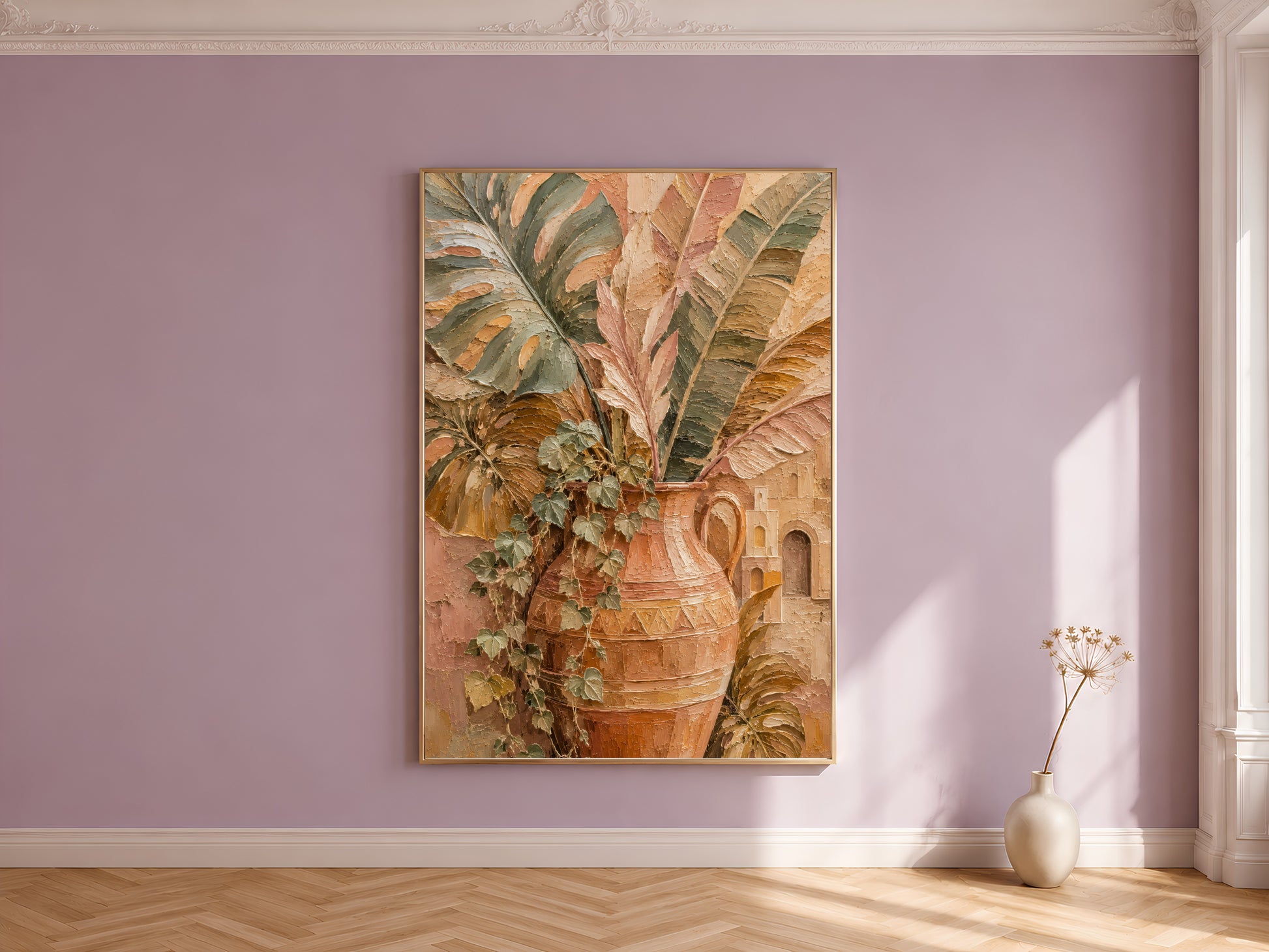 Terracotta botanical vase wall art in gold frame leaning against mauve wall on light wood floor with warm shadows
