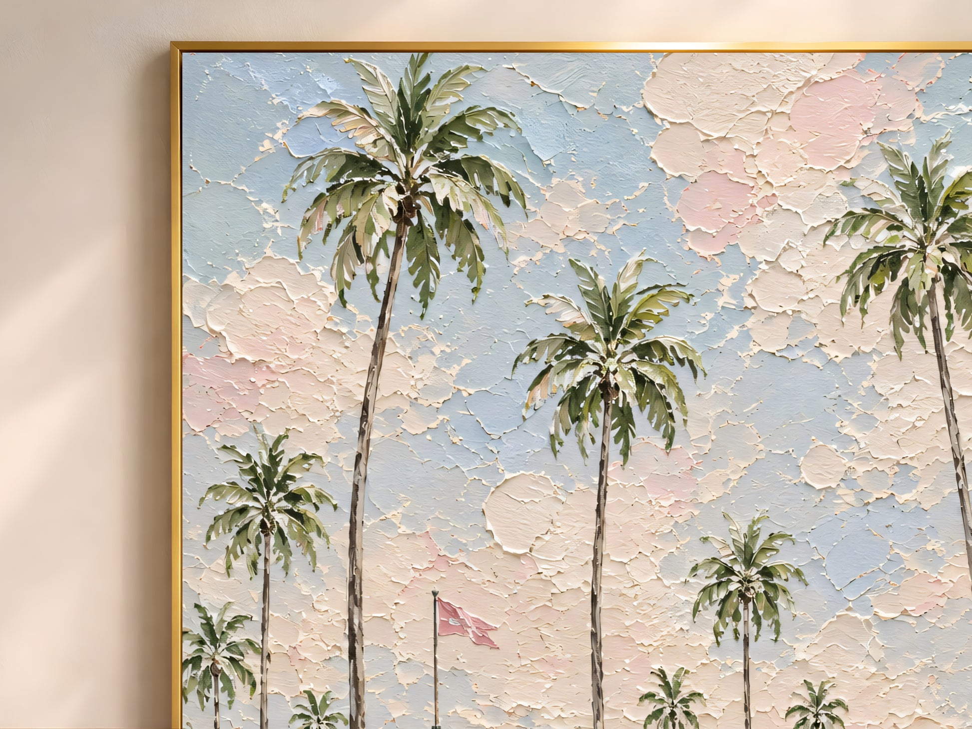 Close-up of a pink preppy resort painting showing palm trees and thick impasto sky texture in a gold frame
