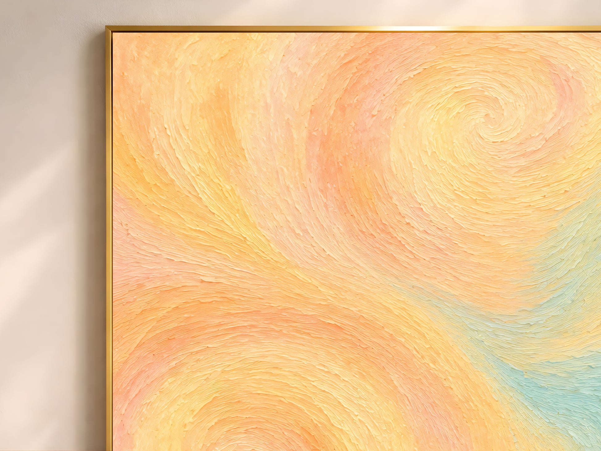 Close-up of a butter yellow abstract swirl print showing thick impasto texture in a gold frame