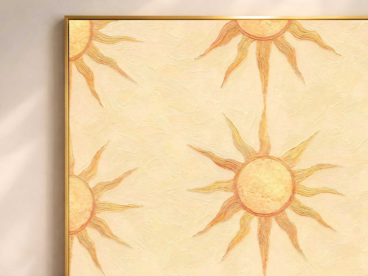 Close-up of a butter yellow sun motif print showing thick impasto texture in a gold frame
