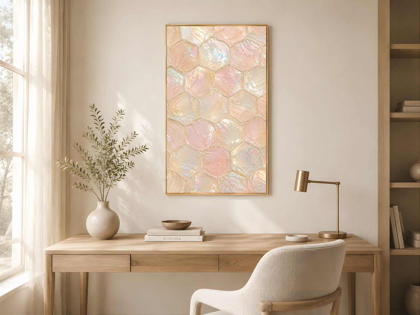 Iridescent capiz shell honeycomb wall art in gold frame in warm minimalist home office with dried botanicals
