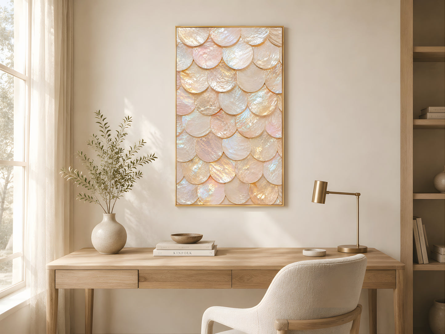 Iridescent capiz shell wall art in gold frame in bright minimalist home office with warm afternoon light