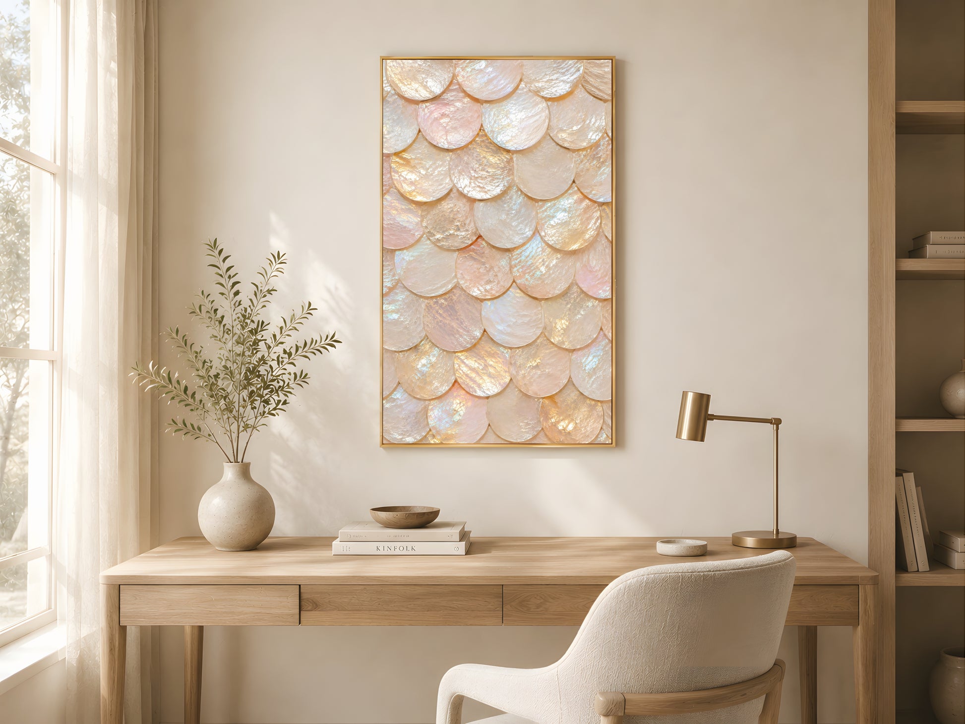 Iridescent capiz shell wall art in gold frame in bright minimalist home office with warm afternoon light