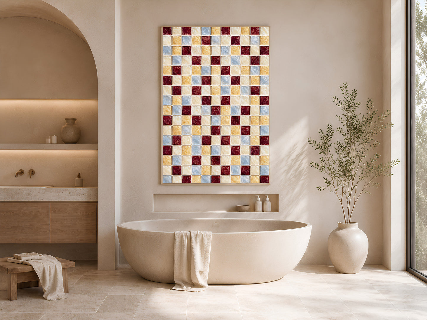 Burgundy gold blue mosaic wall art print displayed in an arched wall niche above a freestanding tub