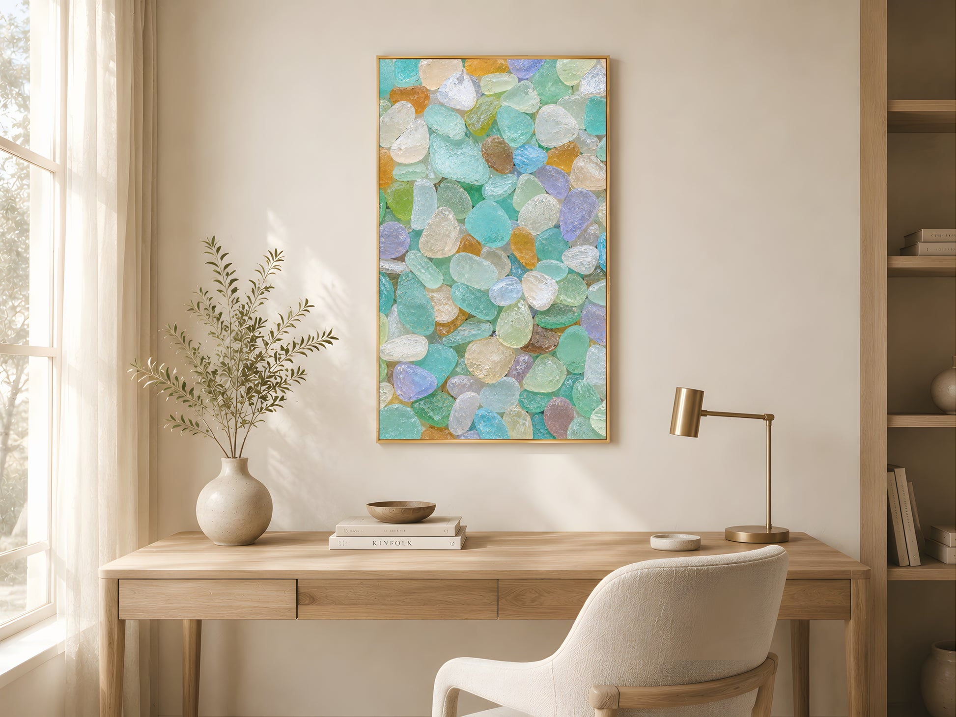Rainbow beach glass print in gold frame in minimalist home office with oak desk and warm afternoon light