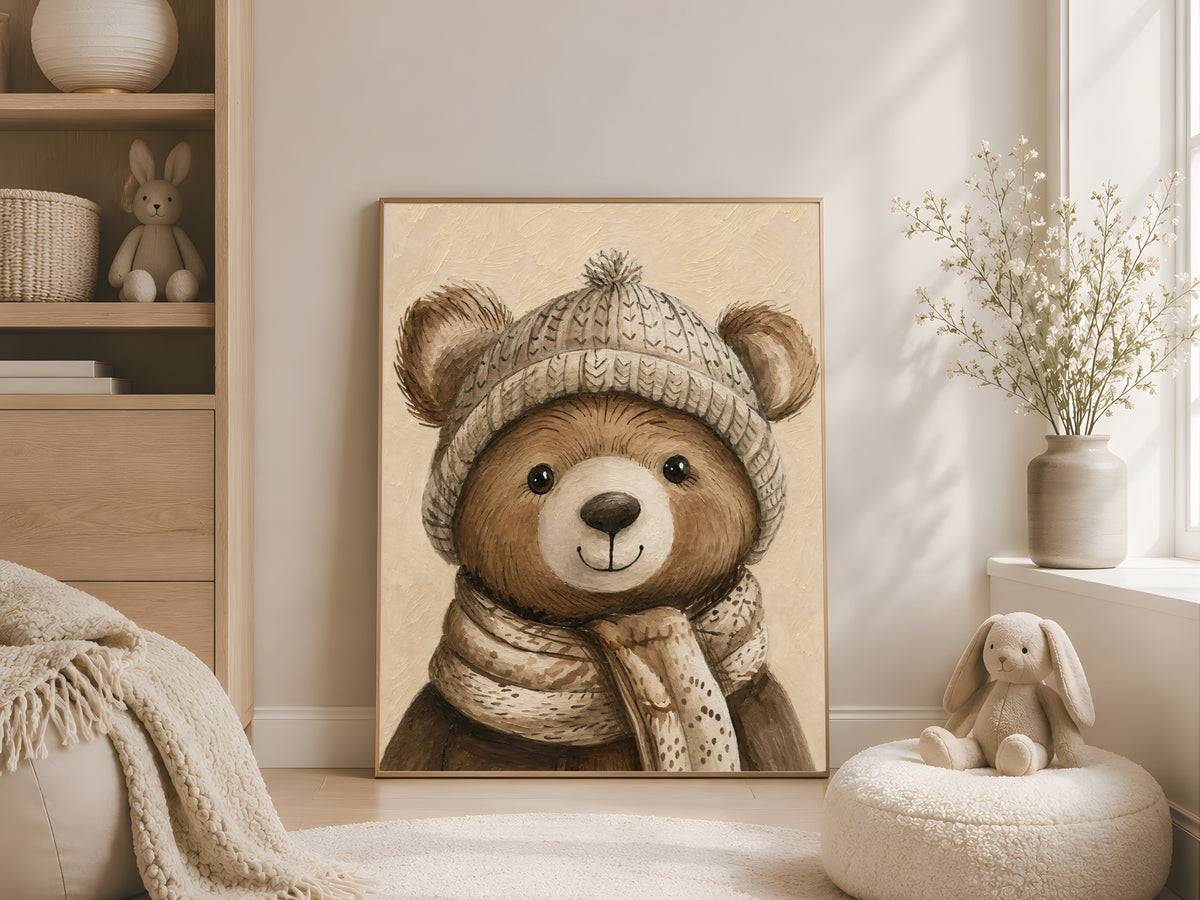 Winter teddy bear wall art with knit hat displayed between styled bookshelves