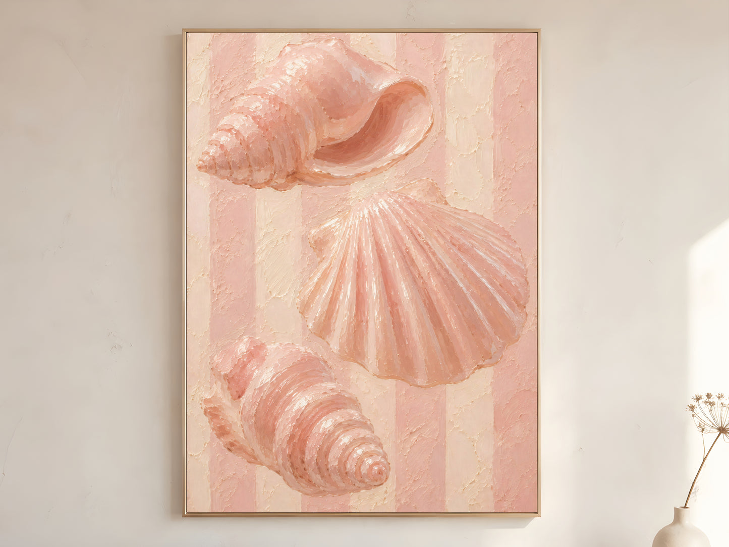 Pink seashell printable wall art, pastel coastal shell decor, feminine beach house printable artwork, textured shell painting download