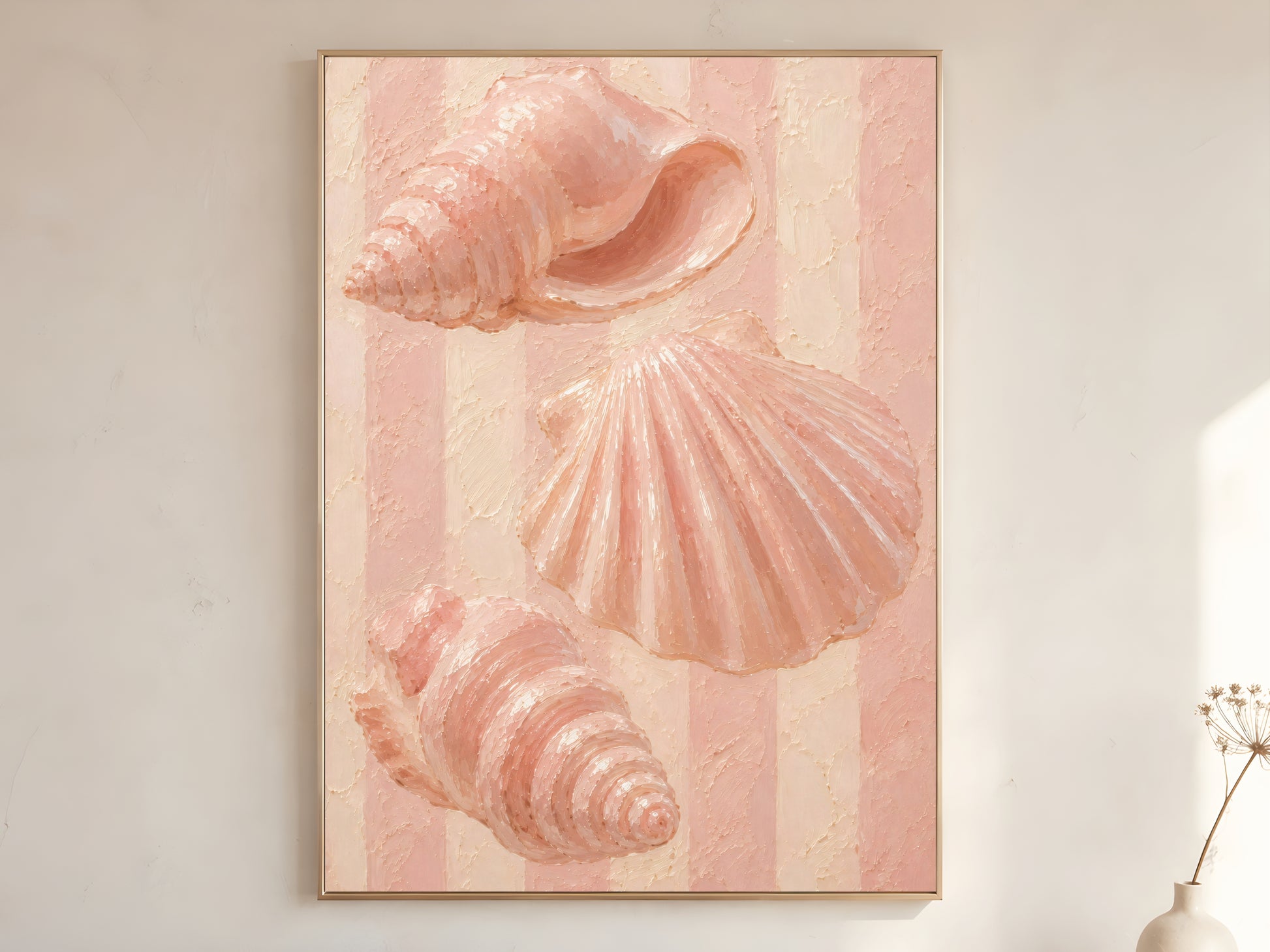 Pink seashell printable wall art, pastel coastal shell decor, feminine beach house printable artwork, textured shell painting download