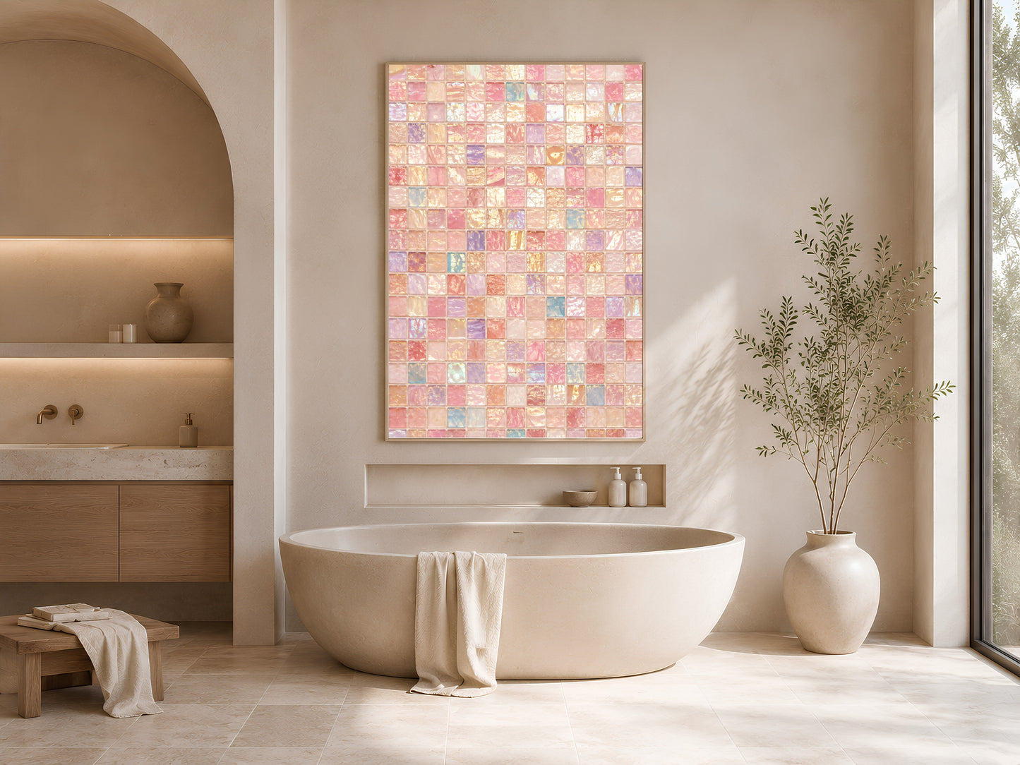 Iridescent mosaic wall art above bathroom vanity, pink glam bathroom decor mockup