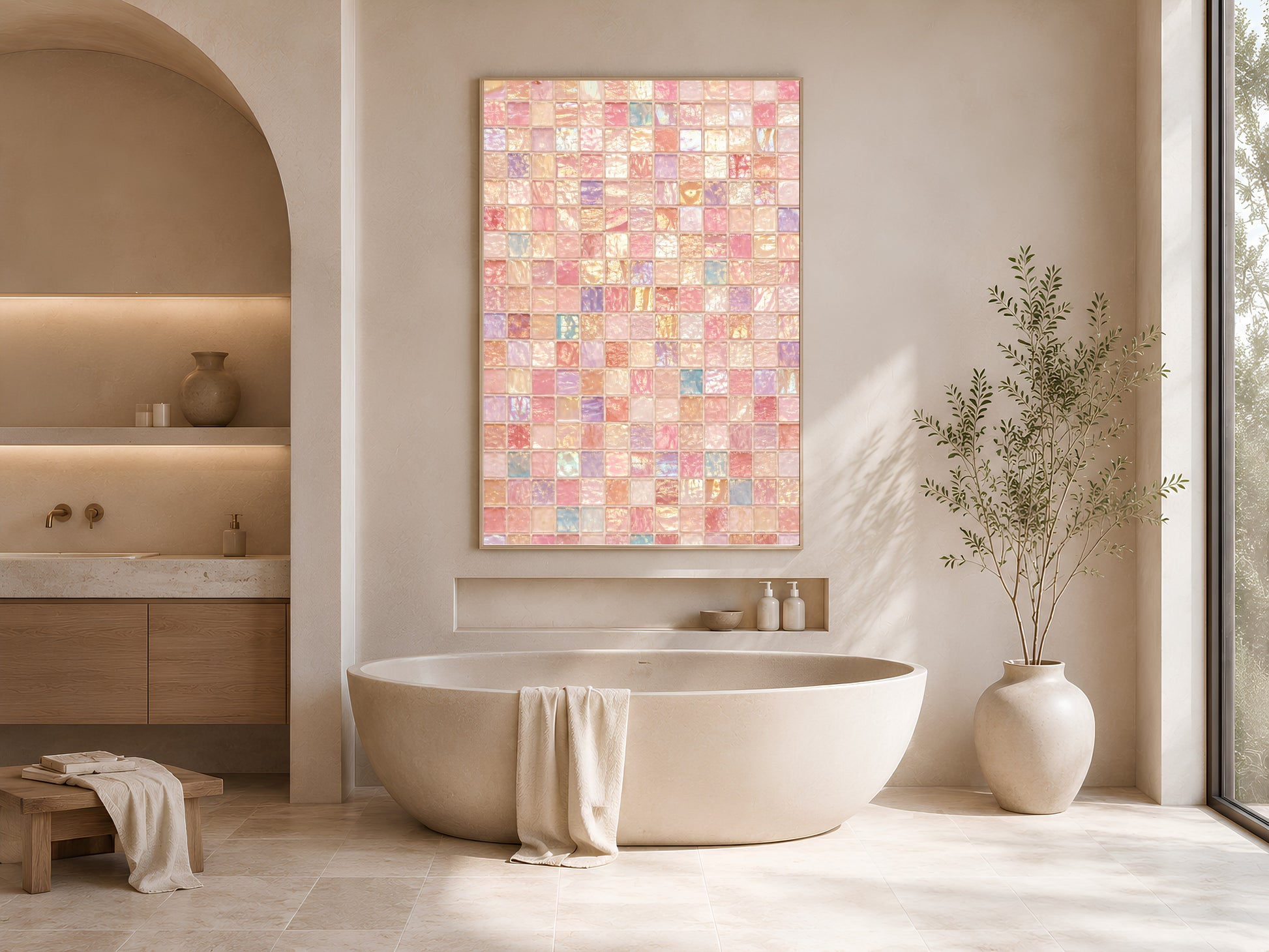 Iridescent mosaic wall art above bathroom vanity, pink glam bathroom decor mockup