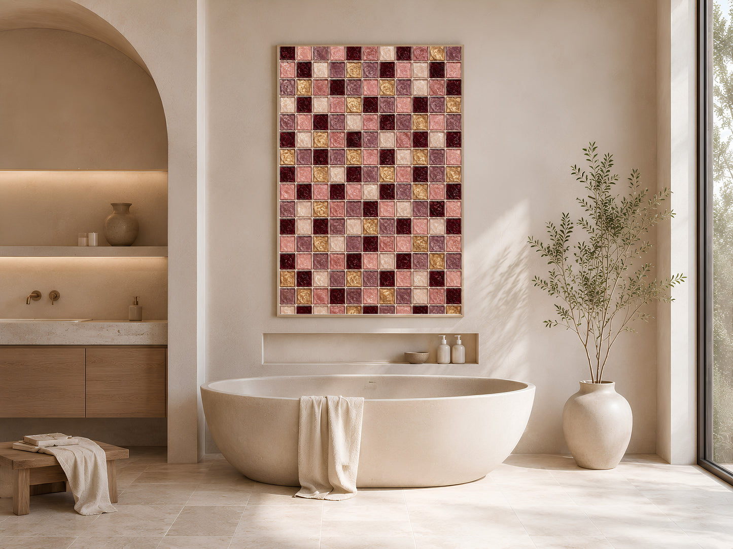 Jewel tone mosaic tile wall art print displayed in an arched wall niche above a bathroom vanity