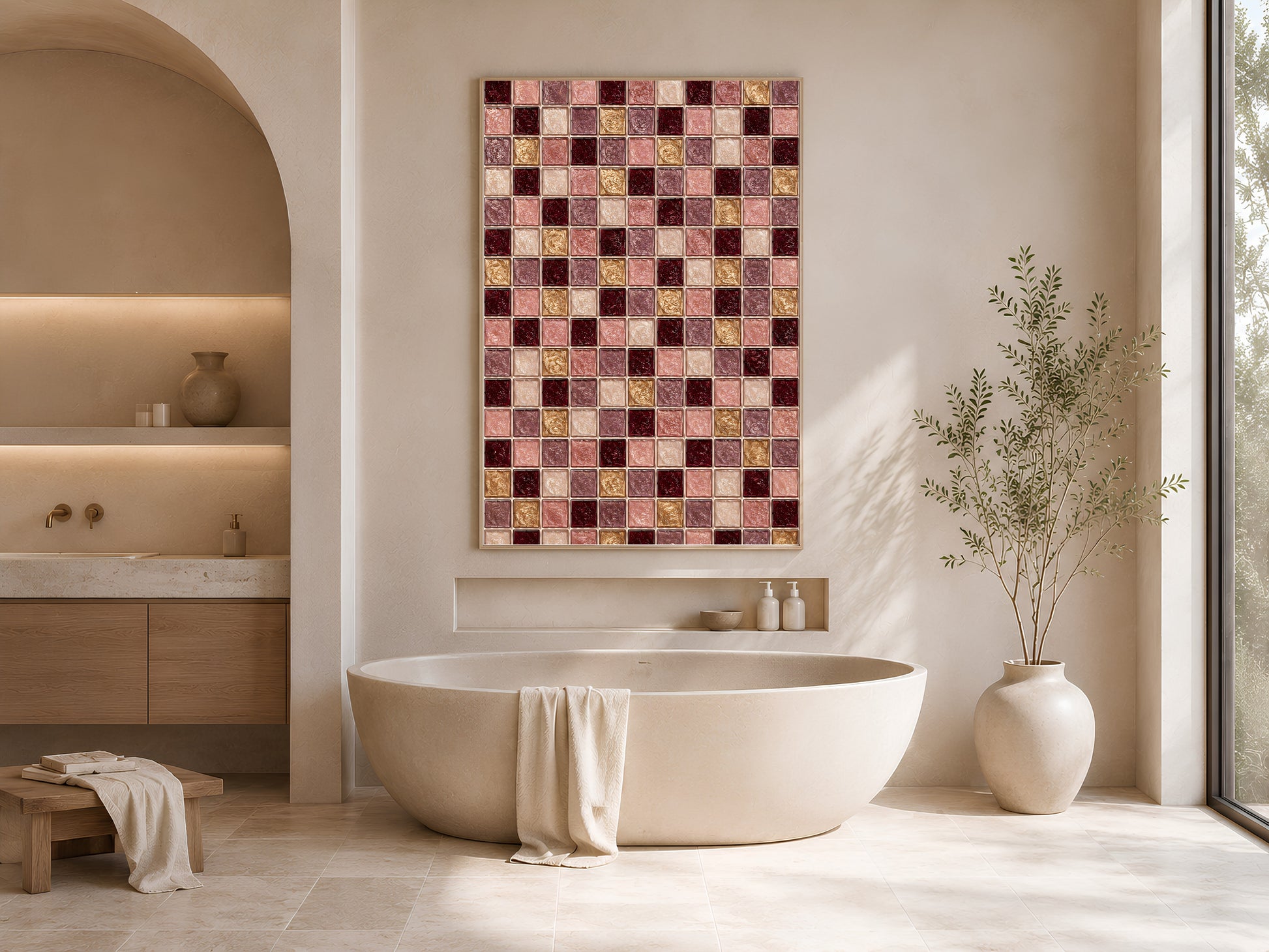 Jewel tone mosaic tile wall art print displayed in an arched wall niche above a bathroom vanity