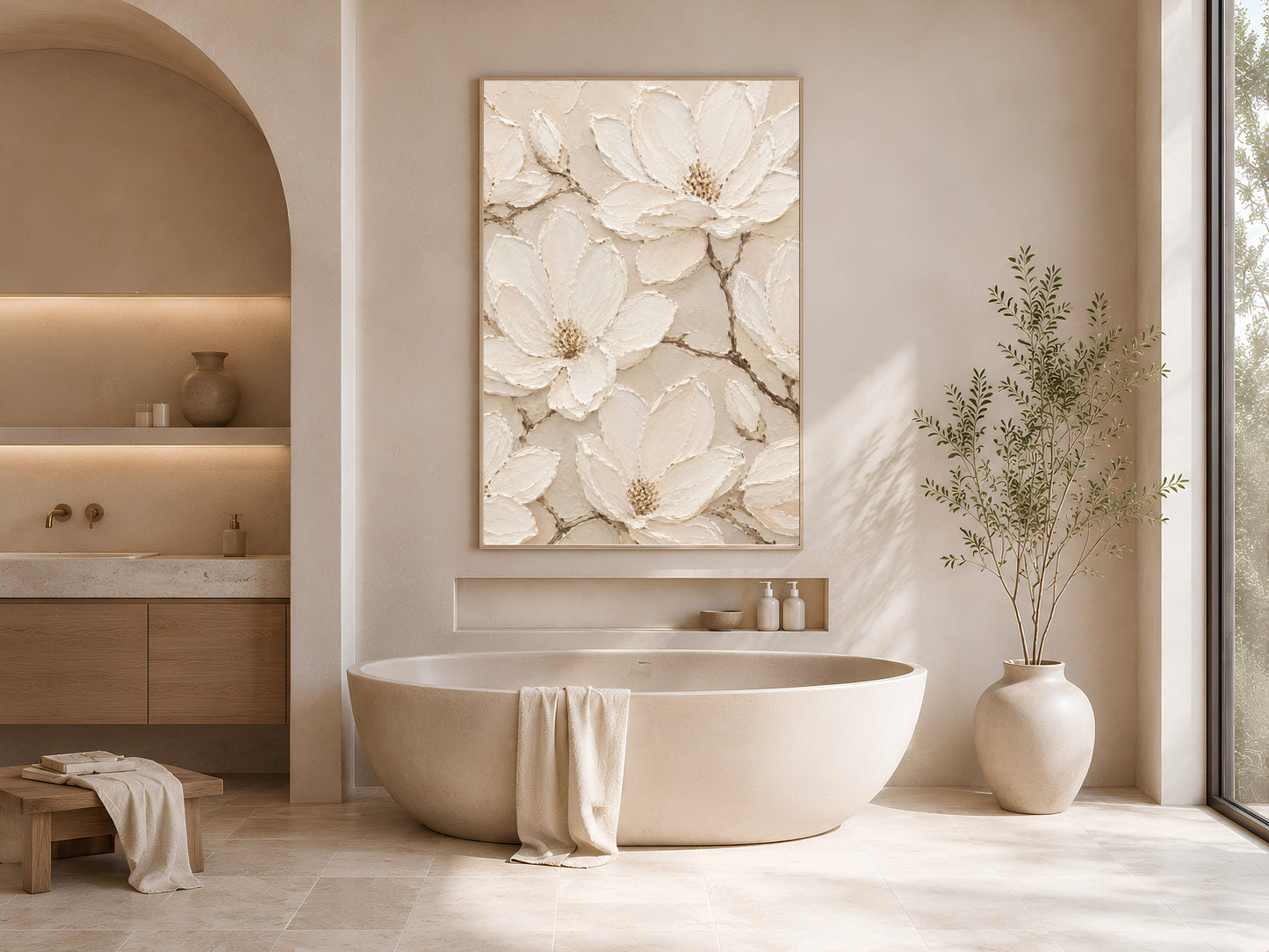 Ivory magnolia wall art above bathroom vanity, coastal bathroom decor mockup