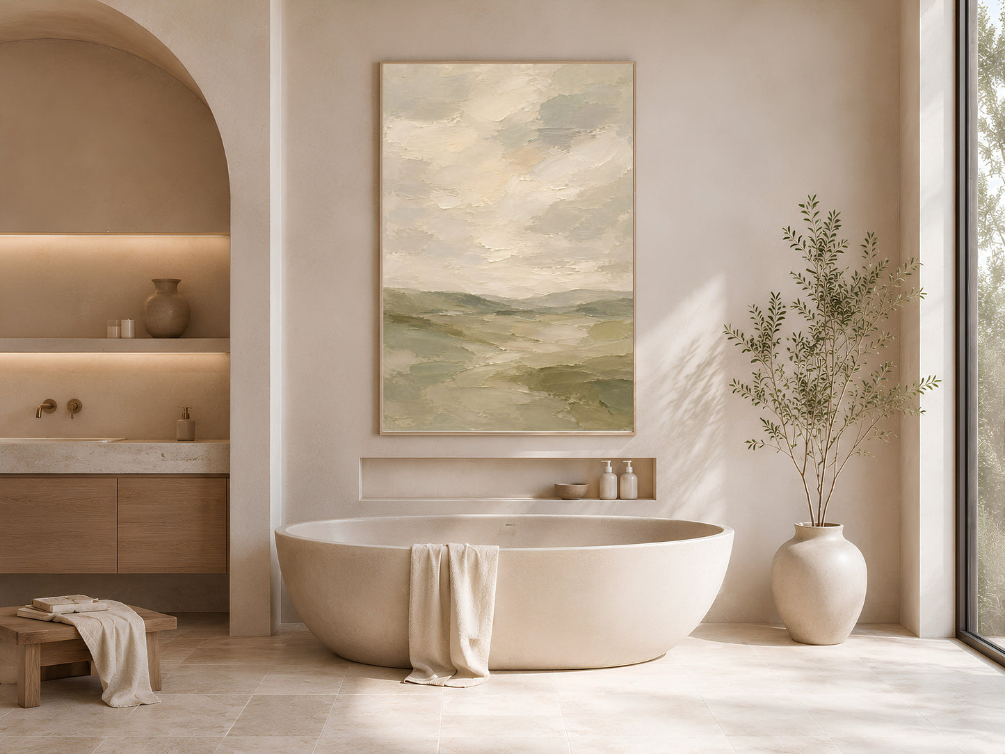 Sage green landscape wall art print framed above a freestanding tub in a neutral bathroom
