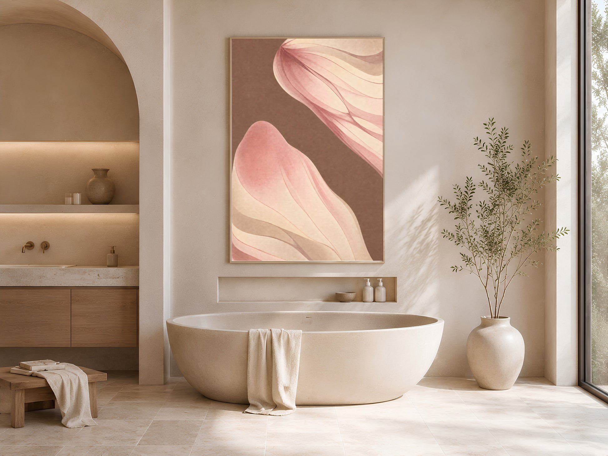 Mocha pink abstract wall art print framed above a bathtub in a neutral arched bathroom
