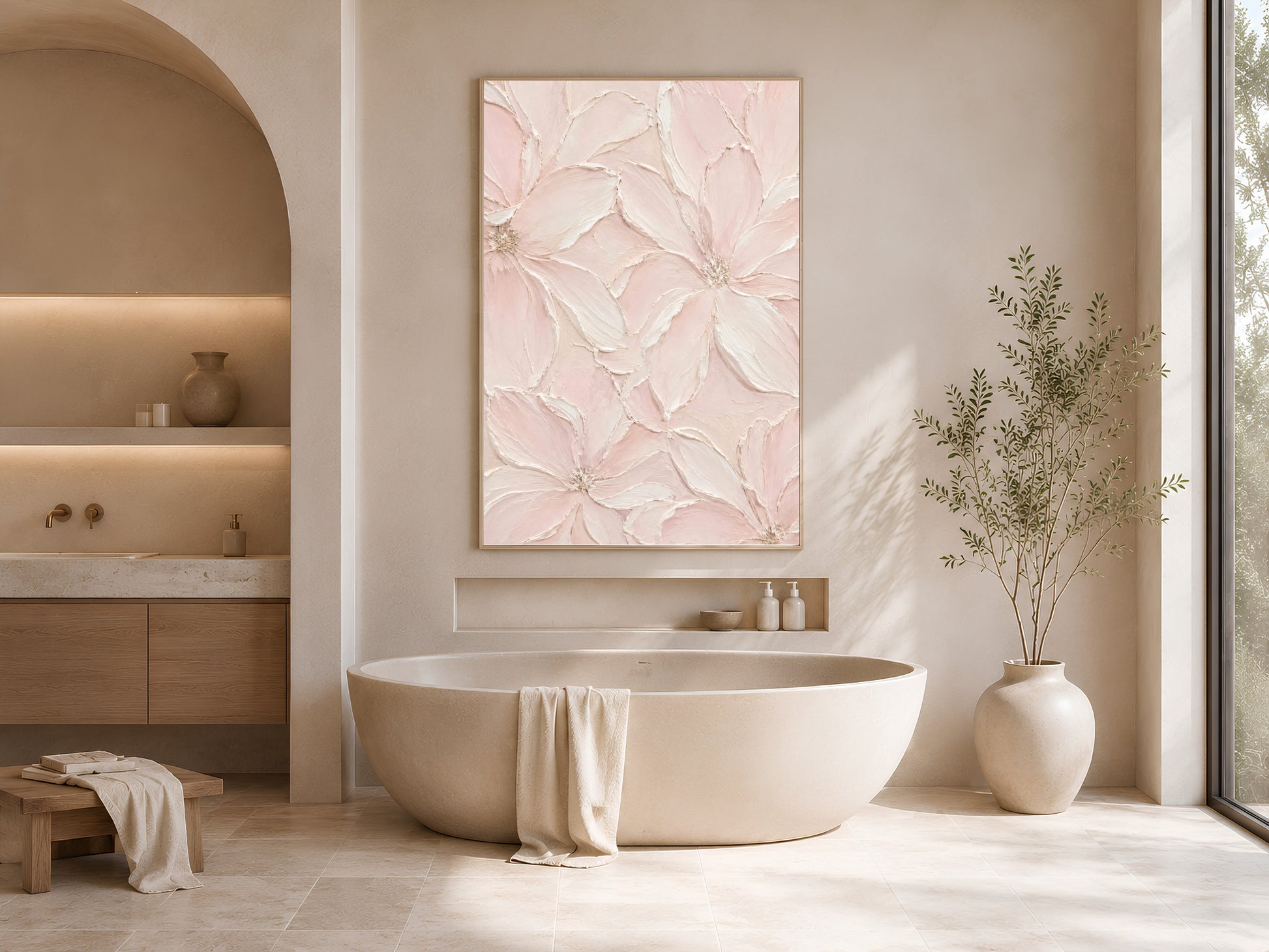 Blush pink floral wall art above bathroom vanity, coastal bathroom decor mockup