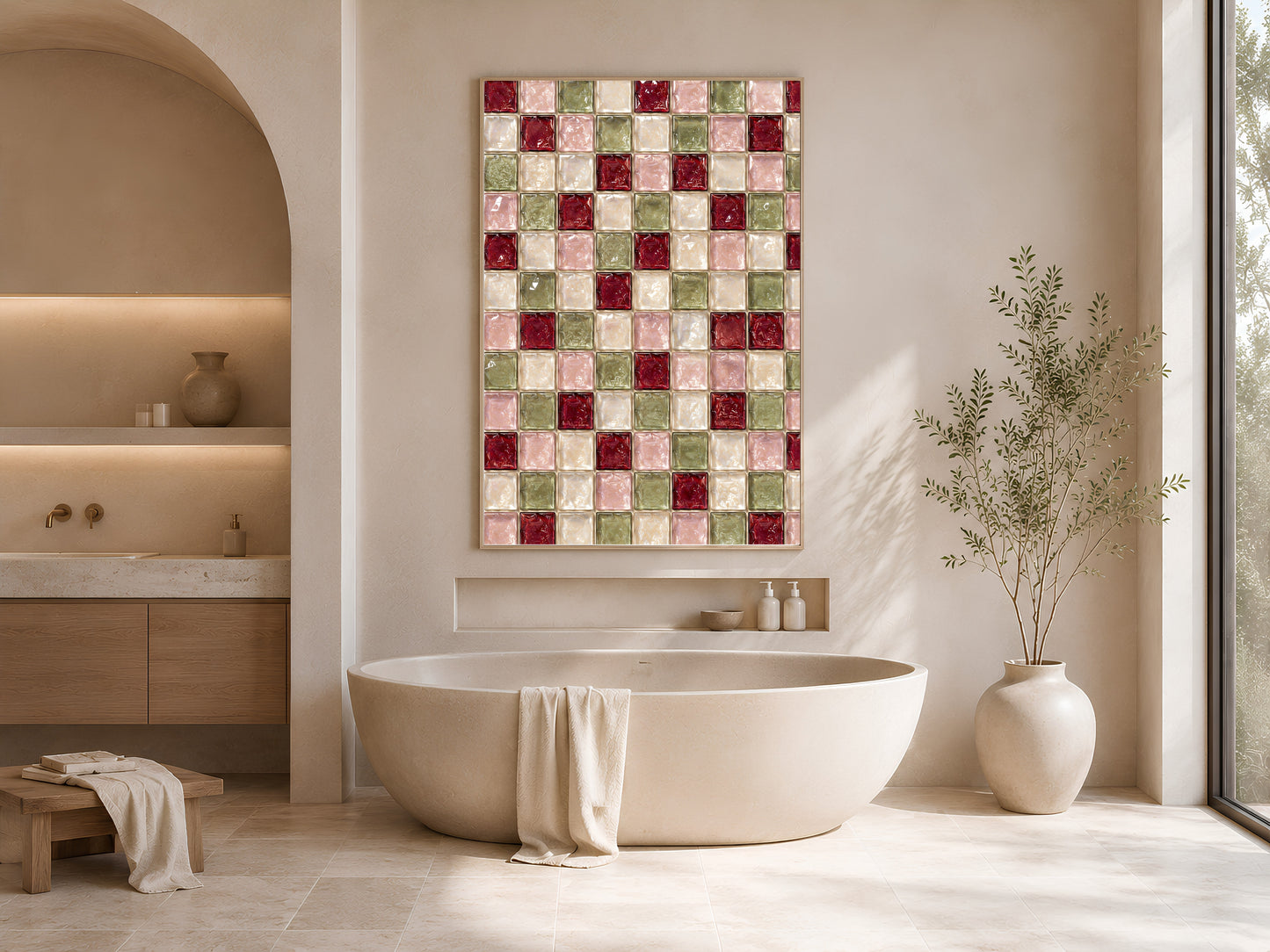 Christmas Mosaic Wall Art, Red Green Glass Tile Print - Digital Download