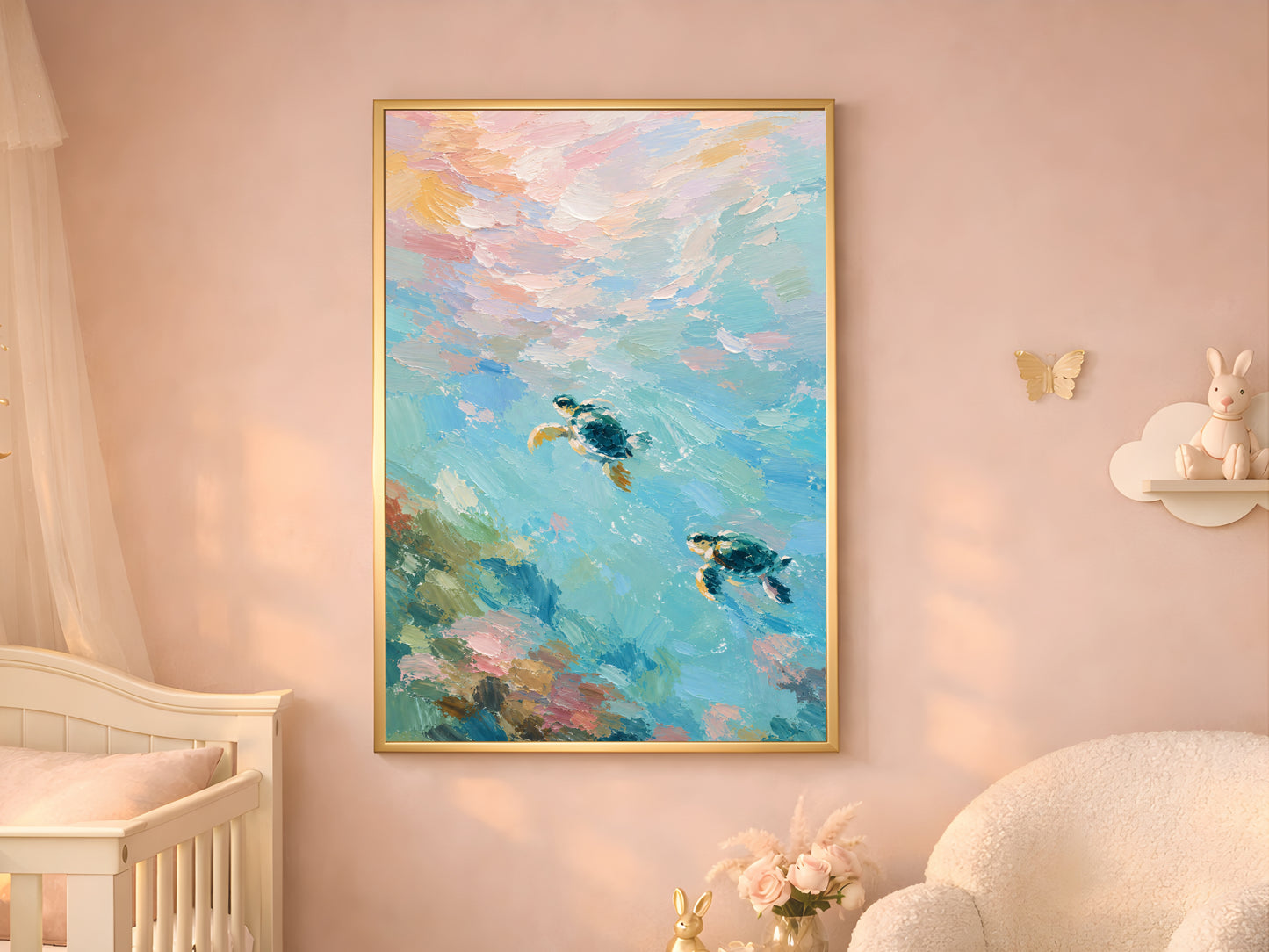 Framed impasto sea turtle wall art on blush pink wall beside white crib in soft feminine nursery with bunny decor
