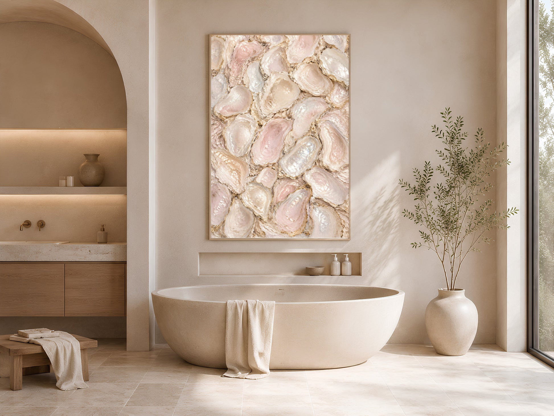 Mother of pearl wall art above bathroom tub, blush pink coastal bathroom decor mockup