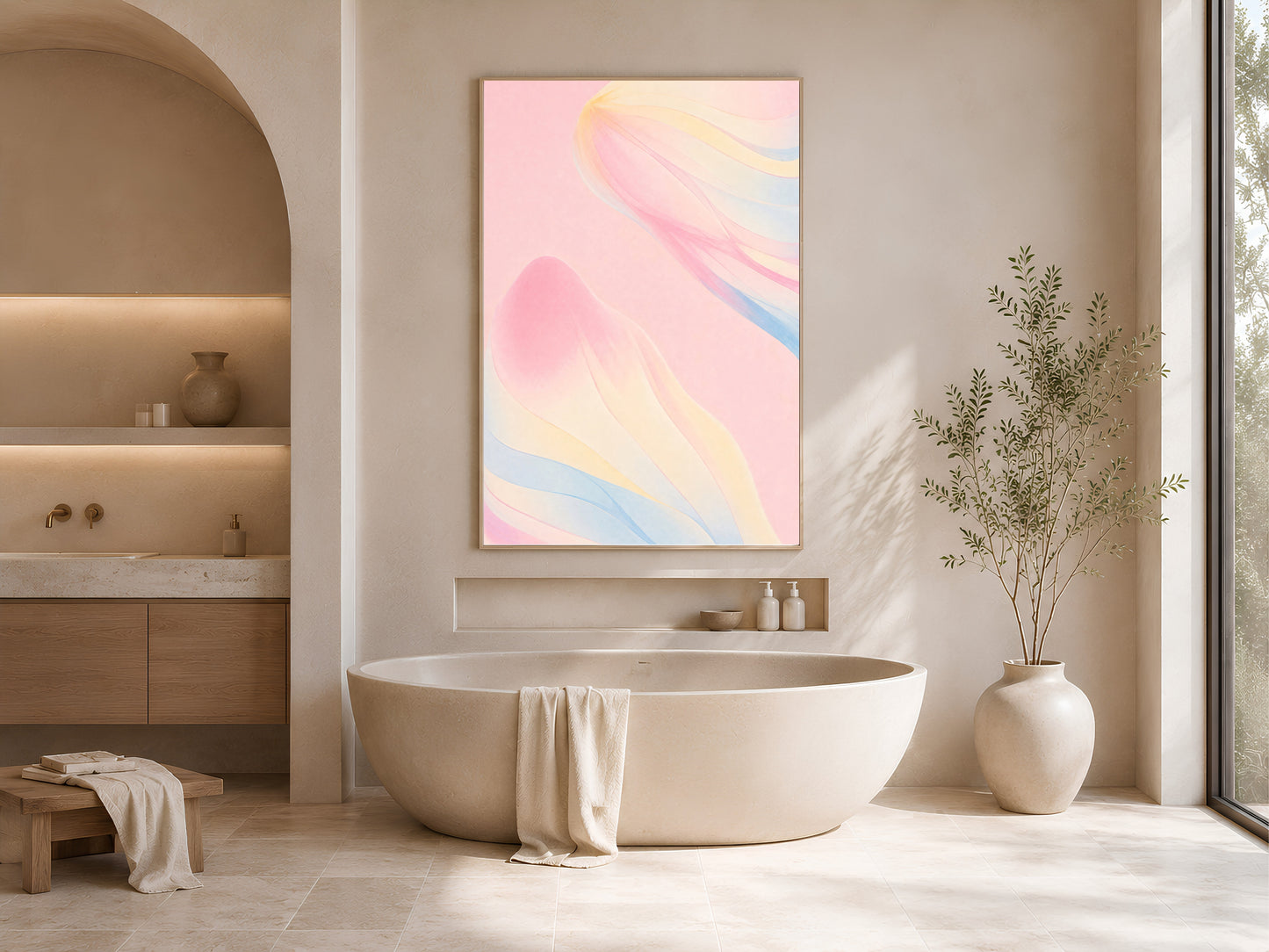 Pastel ribbon wall art framed above a freestanding tub in a sunlit bathroom with arched window
