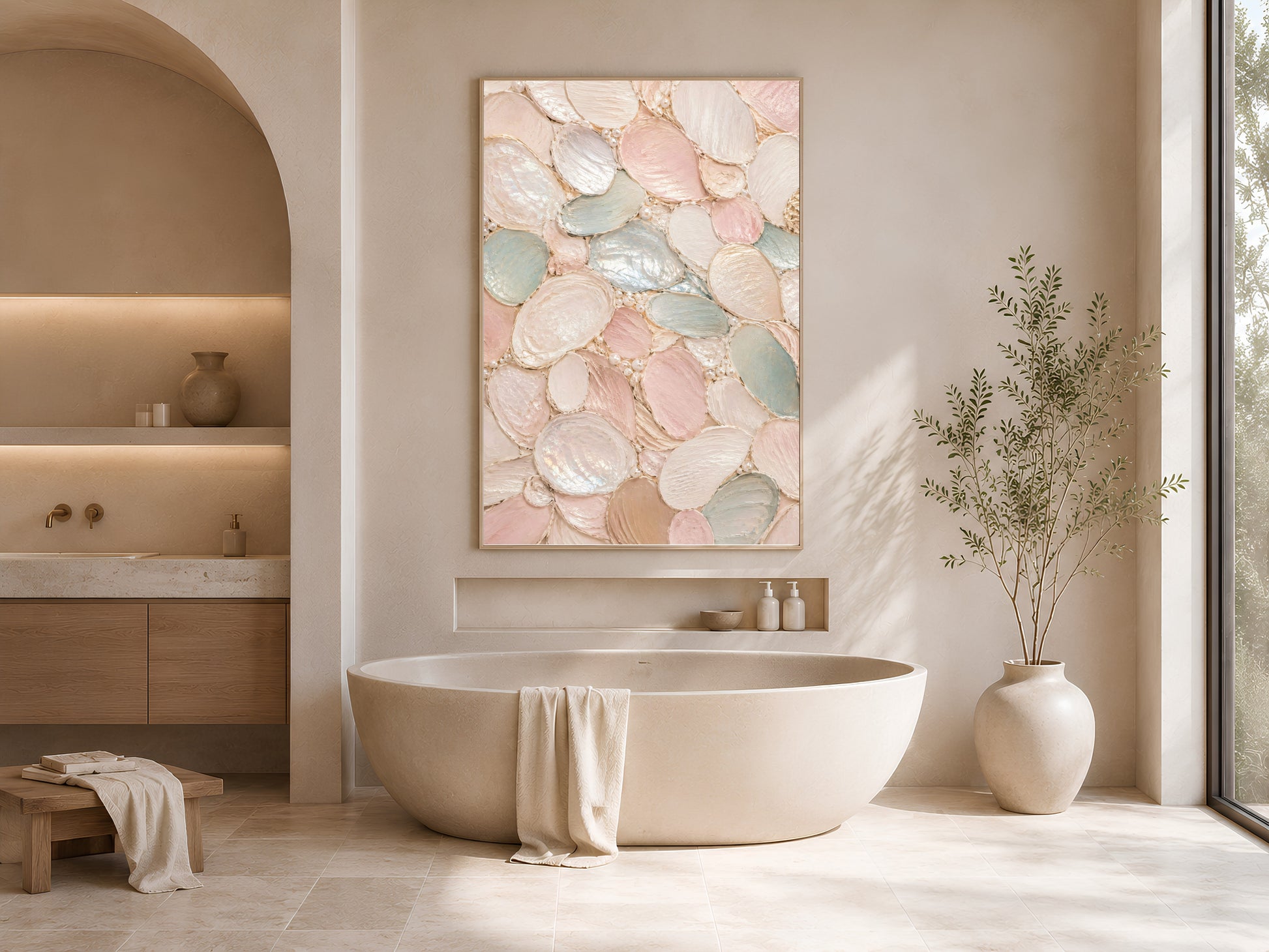 Sage green and blush pink wall art above bathroom vanity, coastal bathroom decor mockup
