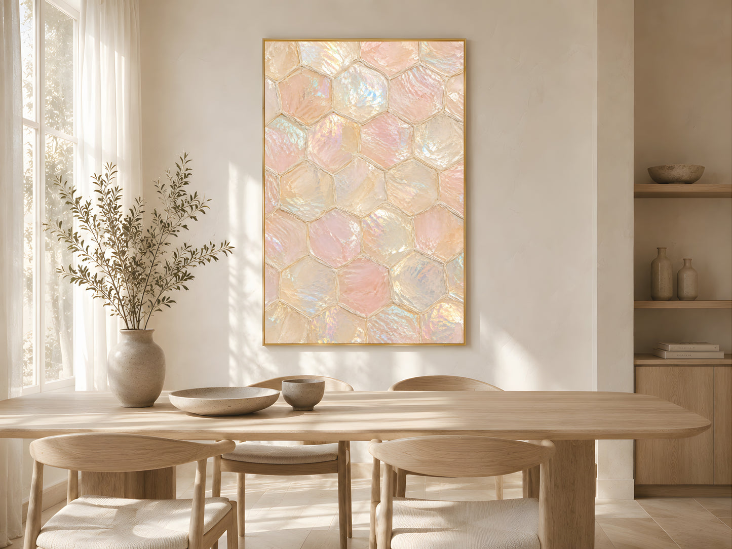 Capiz honeycomb wall art in gold frame in warm neutral dining room with oak table and natural light