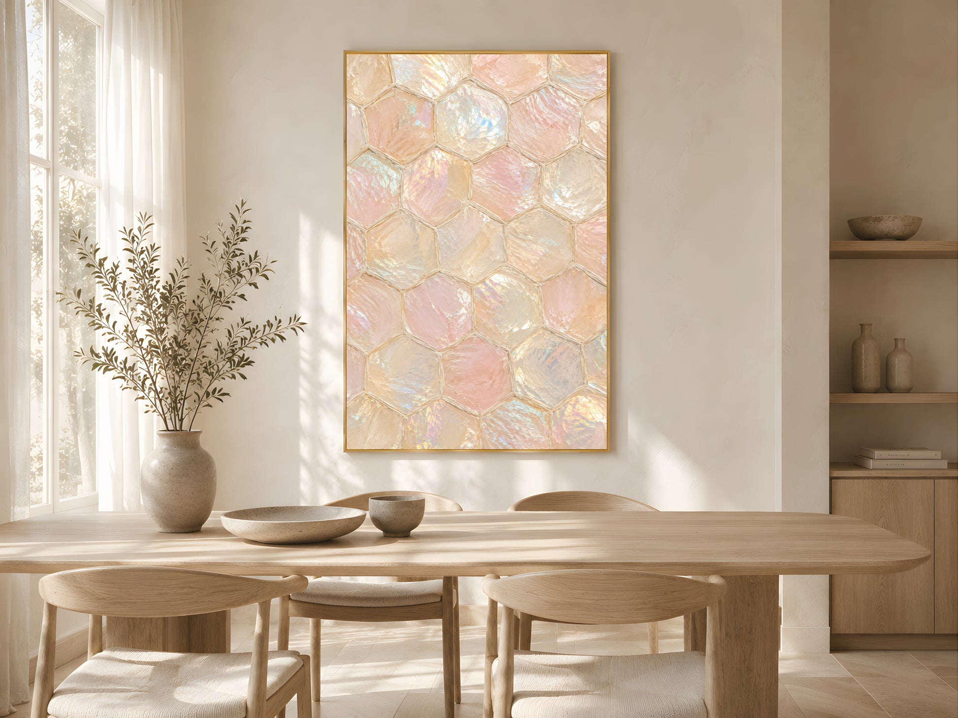 Capiz honeycomb wall art in gold frame in warm neutral dining room with oak table and natural light