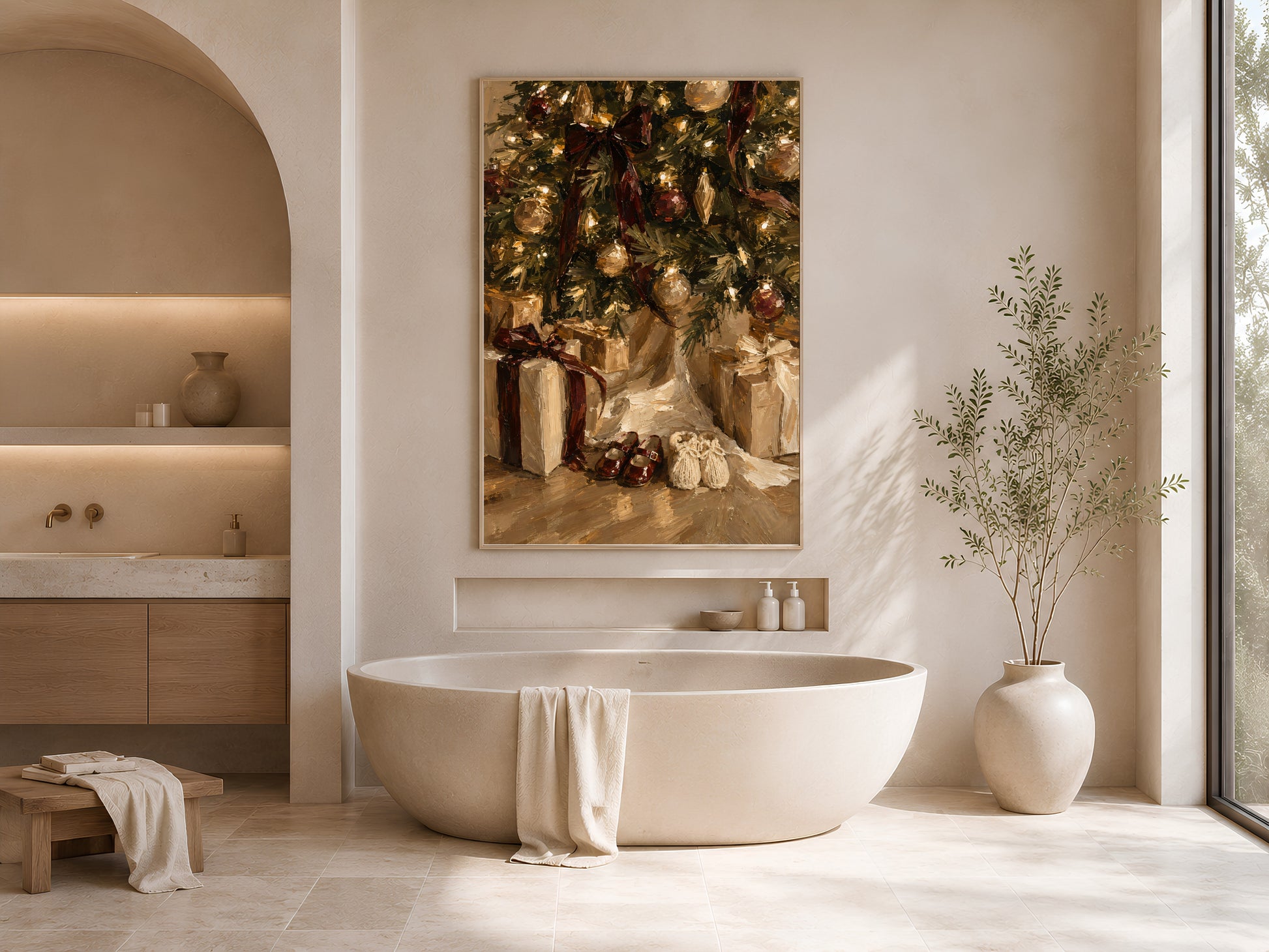 Bathroom with the Christmas morning print above a freestanding soaking tub, styled with a small vase