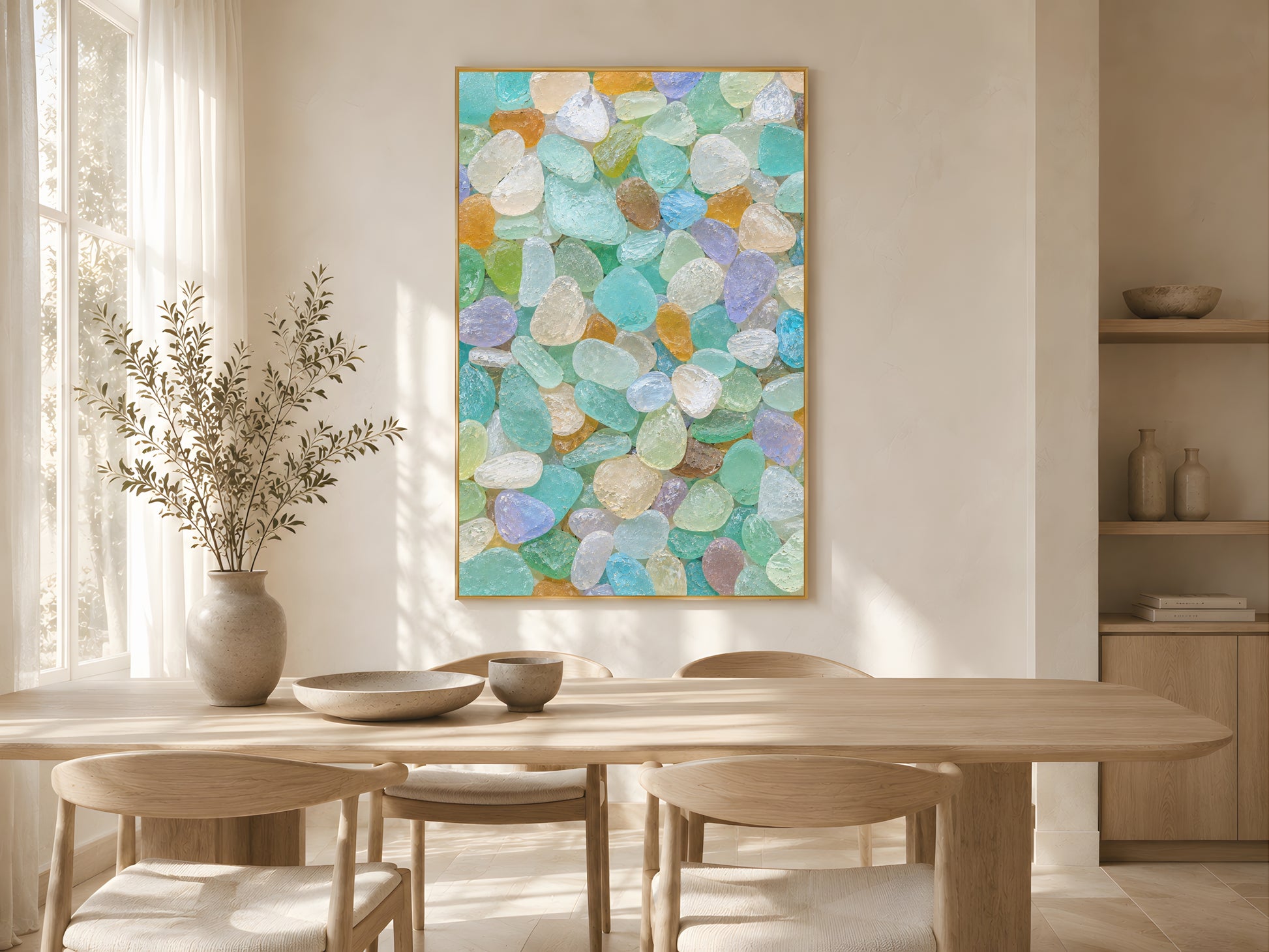Colorful sea glass wall art in gold frame in bright coastal dining room with dried botanicals and oak table