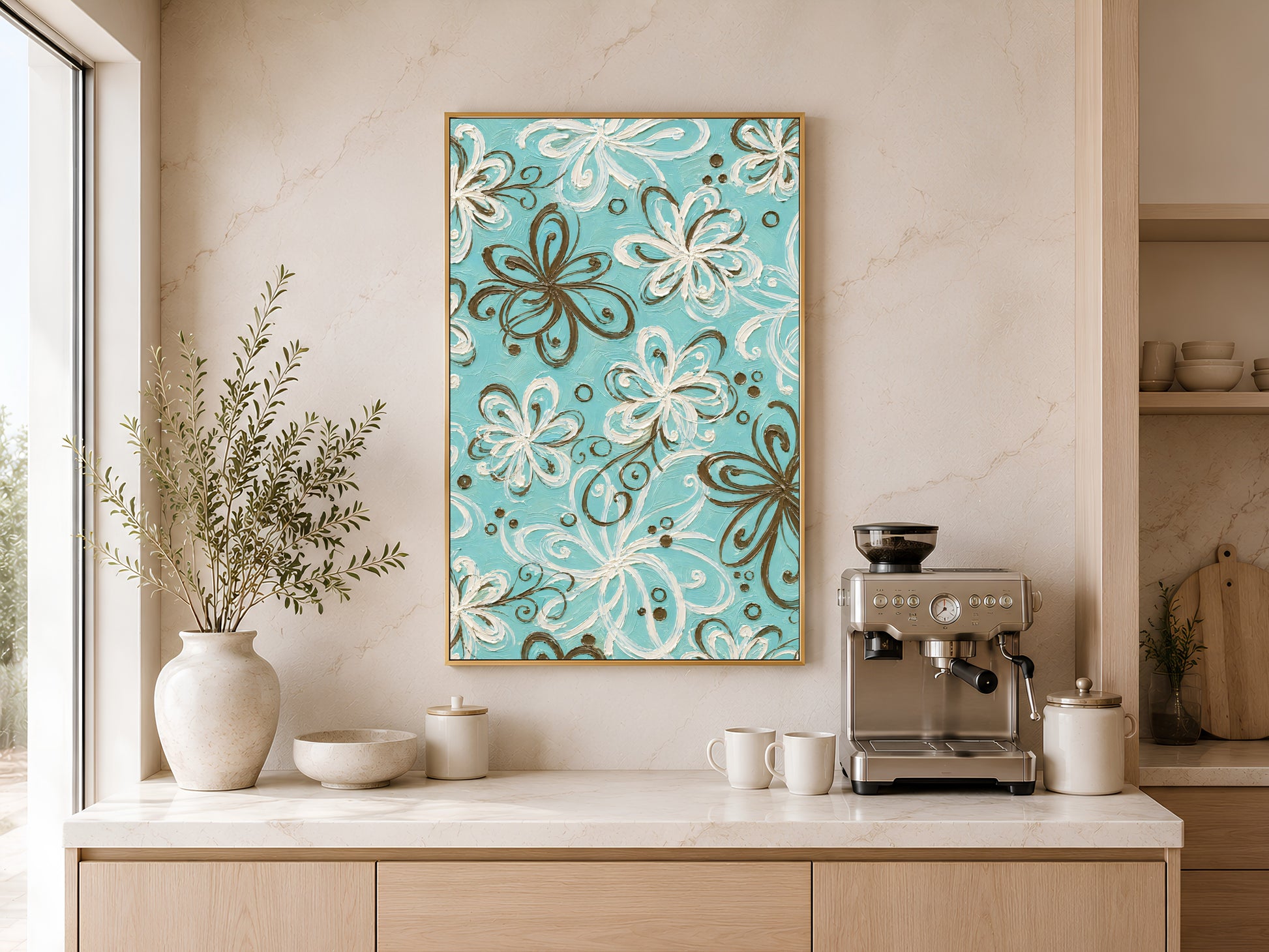 Turquoise retro swirl floral wall art in gold frame above kitchen sideboard with coffee machine and neutral vases
