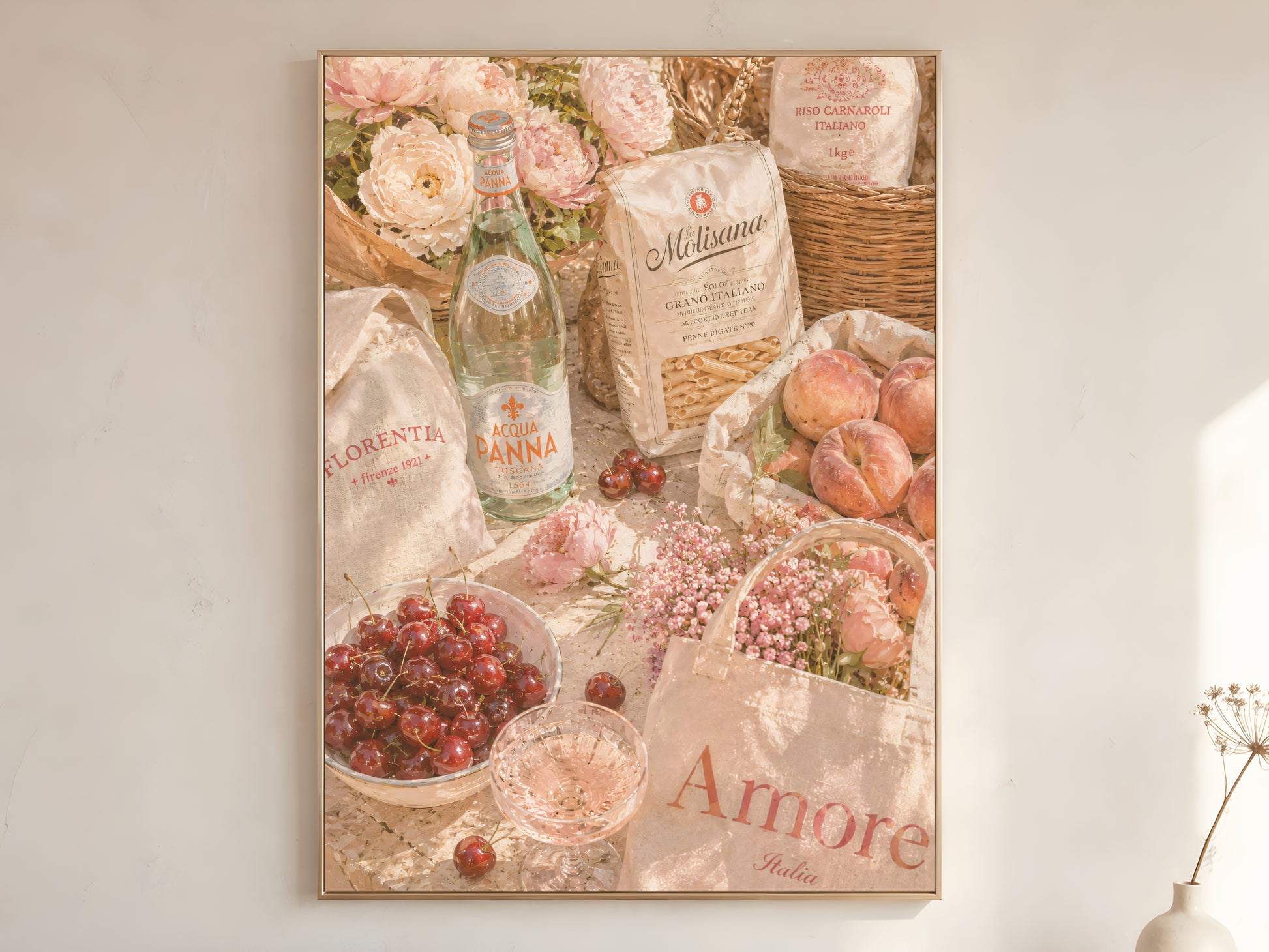 Italian summer still life printable wall art, cherries and pasta aesthetic, romantic Italy decor, feminine luxury kitchen art digital download