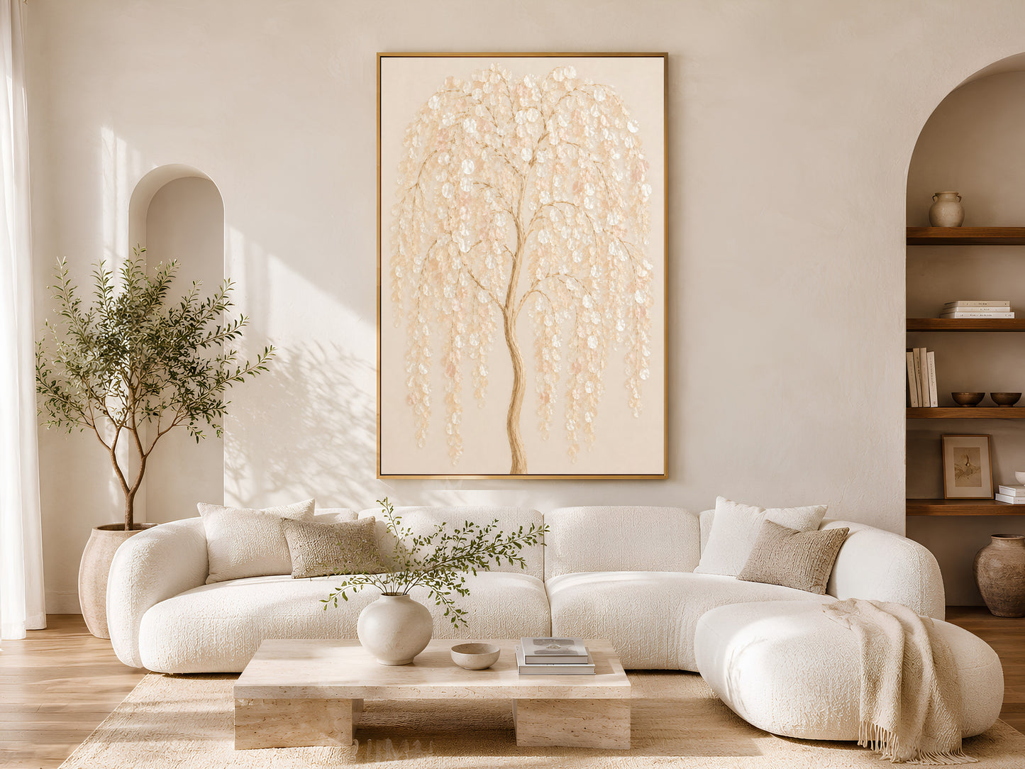 Weeping willow capiz shell print framed on a sunlit patio wall beside a ceramic vase
