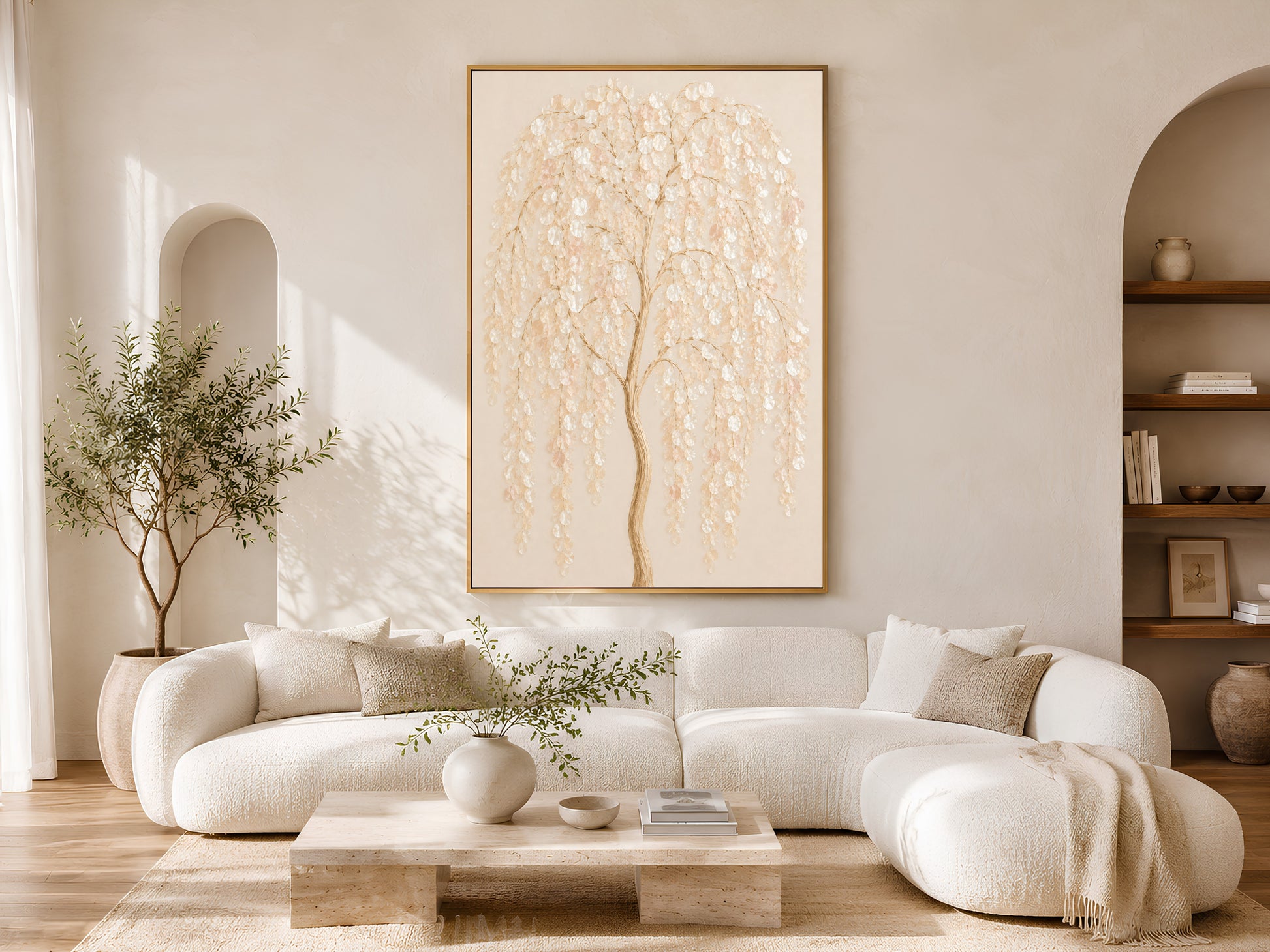 Weeping willow capiz shell print framed on a sunlit patio wall beside a ceramic vase
