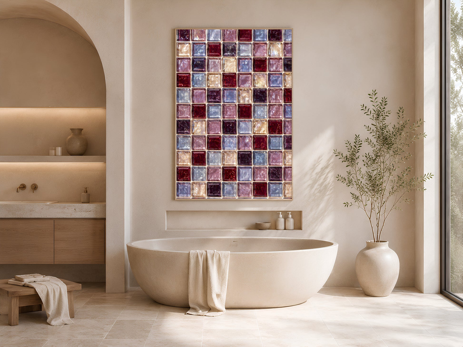 Bathroom with the berry jewel tone mosaic print above a freestanding soaking tub, styled with a towel near an arched window