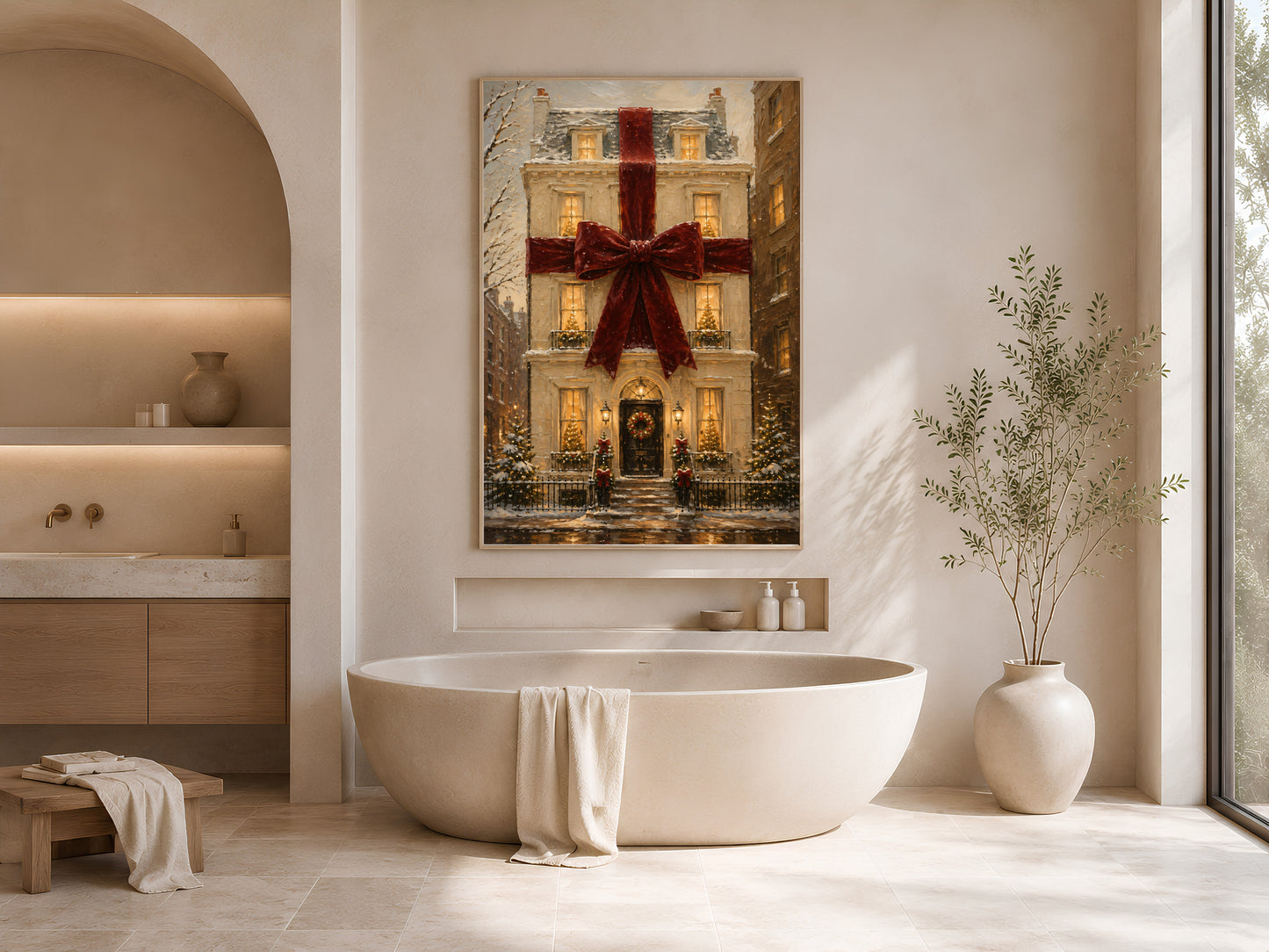 Bathroom with the Christmas house print above a freestanding soaking tub near an arched window