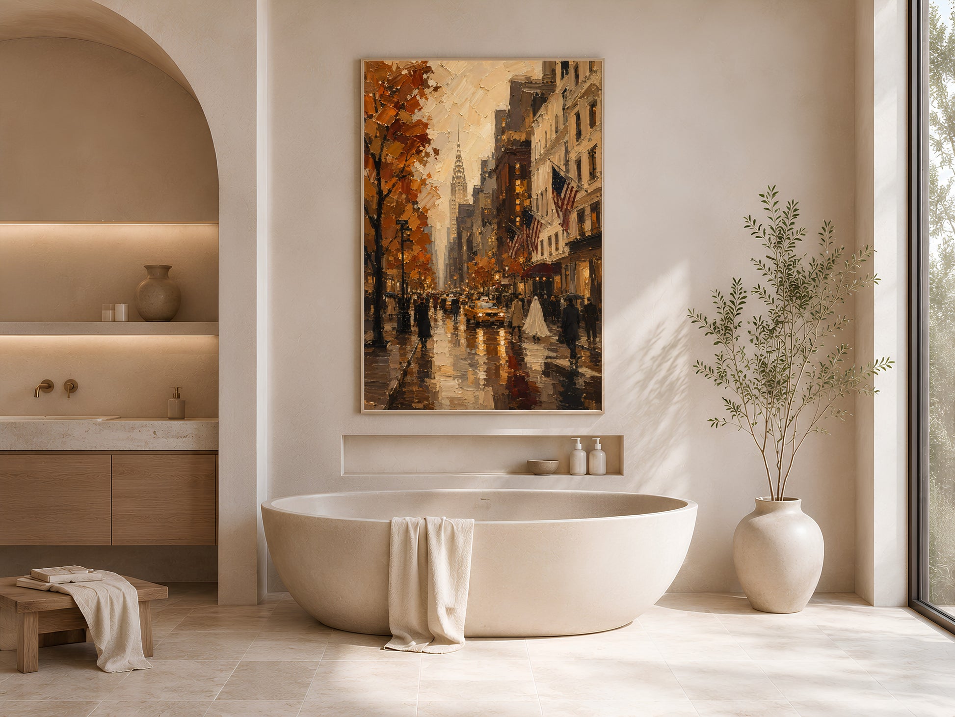 Bathroom with the New York City print above a freestanding soaking tub, styled with a towel and vase