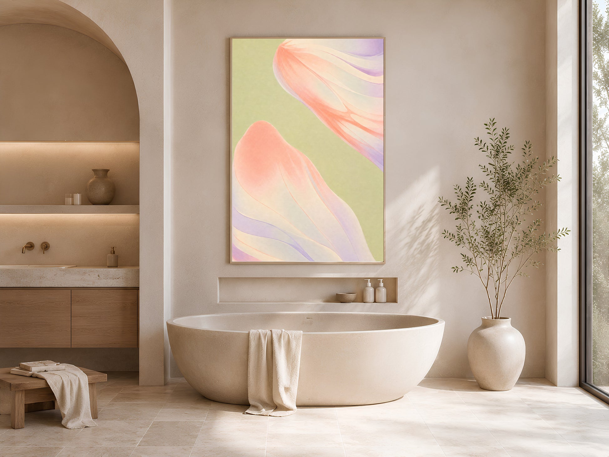 Sage green and coral abstract wall art framed above a bathtub in a neutral arched bathroom
