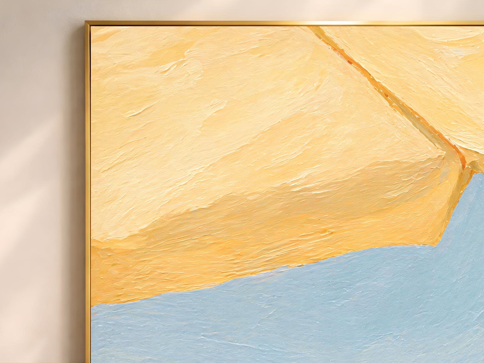 Close-up of a butter yellow beach umbrella print showing thick impasto brushstrokes in a gold frame