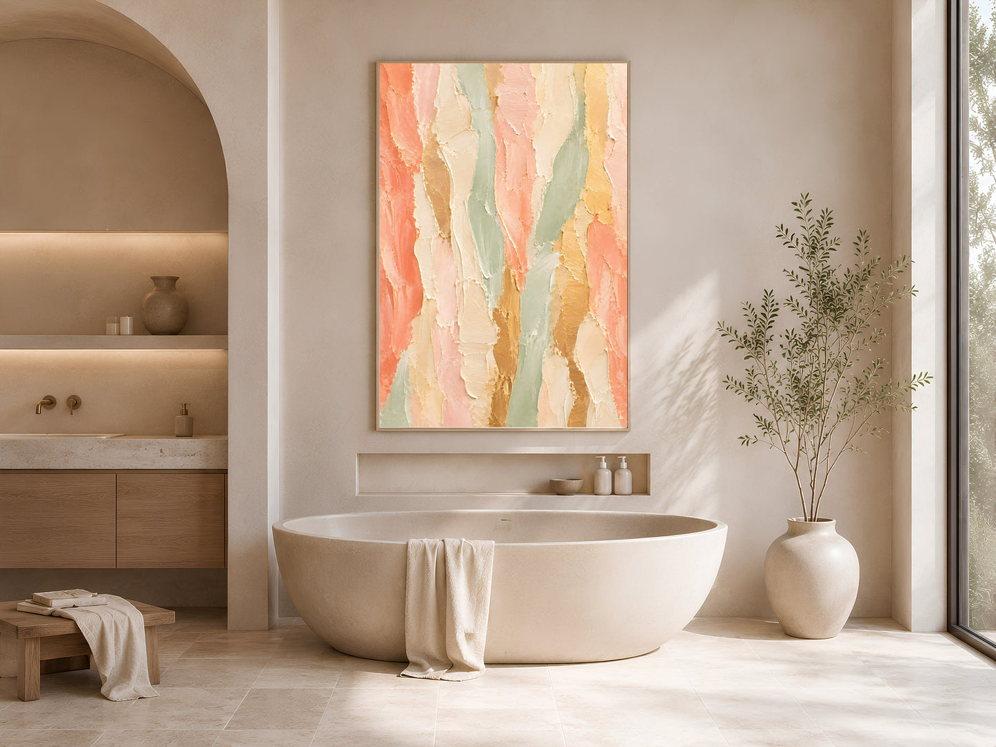 Coral sage textured abstract art print framed above a freestanding tub in a neutral bathroom