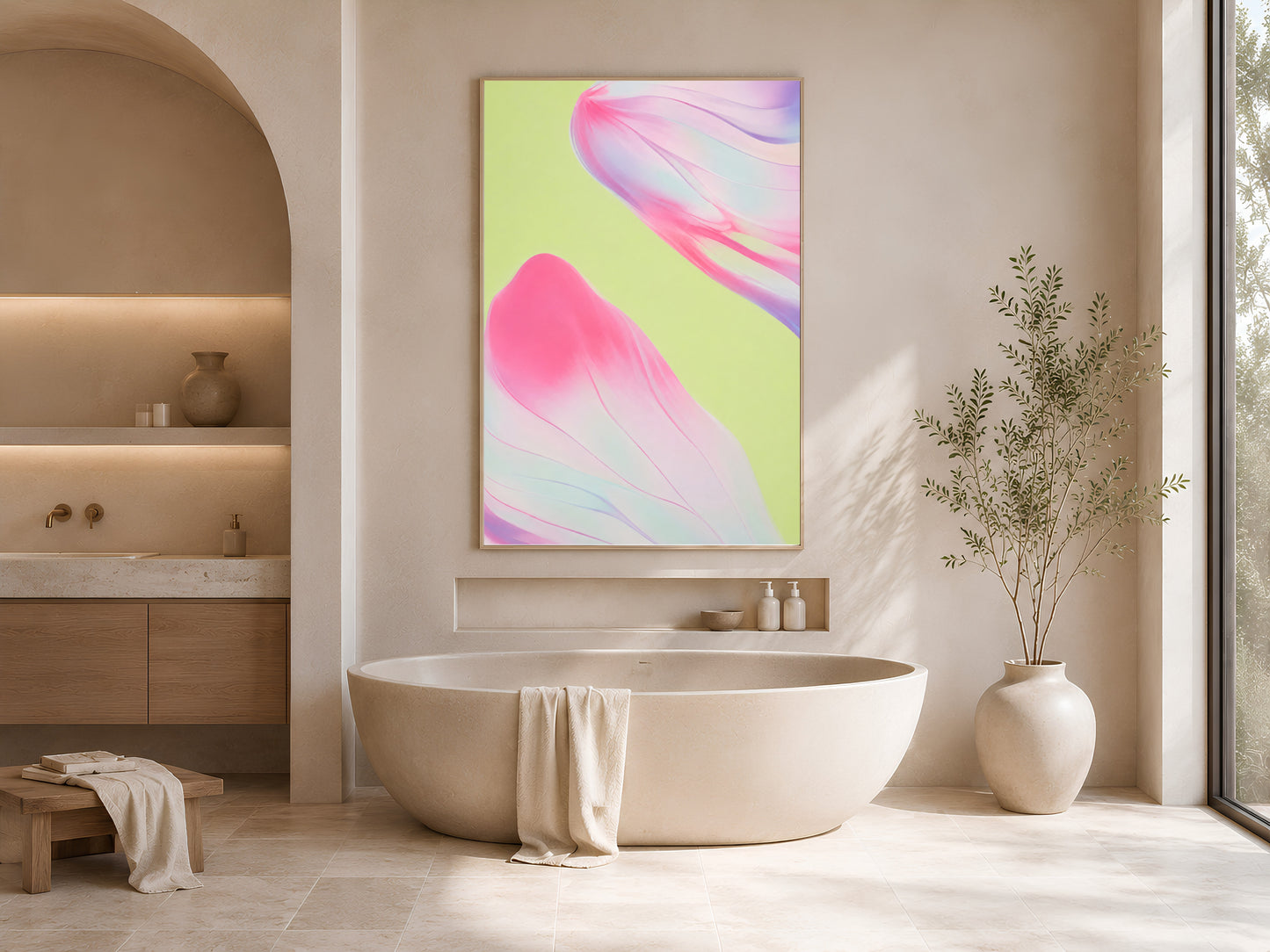 Pink and green abstract art above bathroom tub, coastal maximalist decor mockup