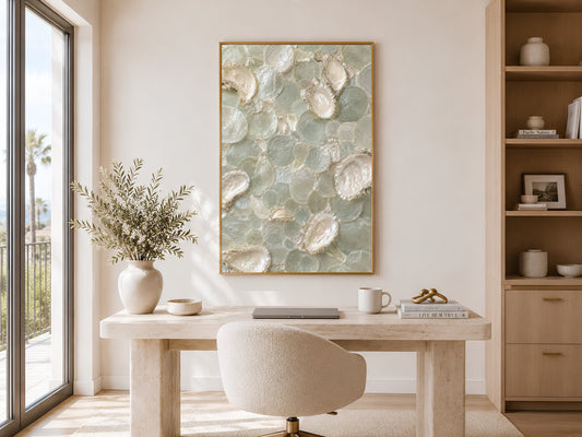 Sea glass oyster shell print framed above a home office desk with an arched window view