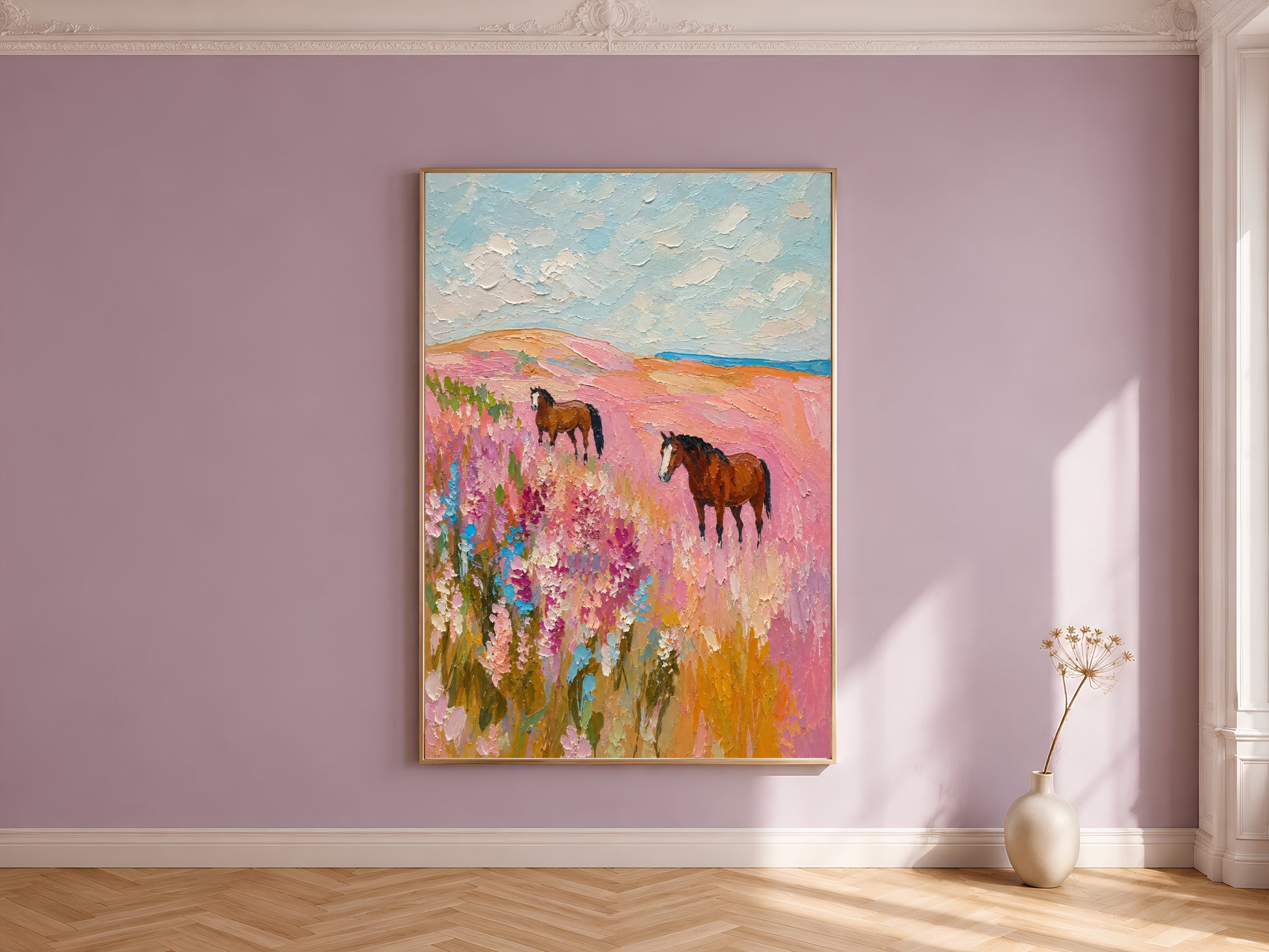 Pink wildflower horse painting in a thin gold frame on a dusty lilac wall