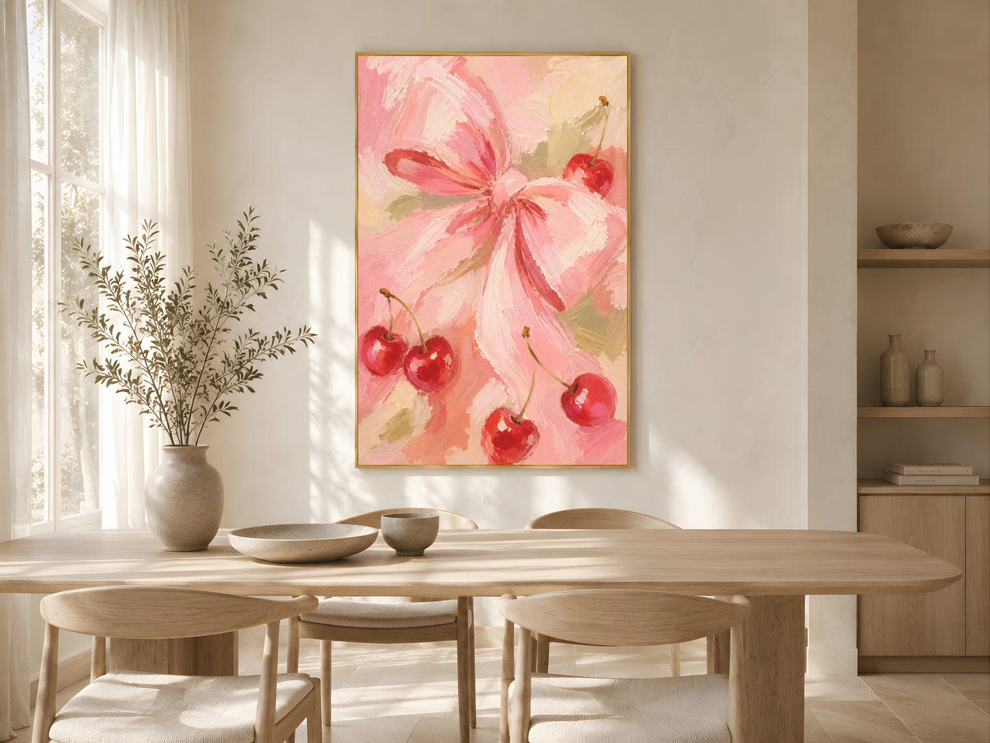 Coquette cherry bow art print in gold frame styled in a bright neutral dining room with wooden table