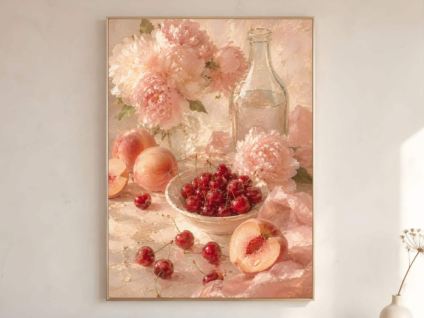 Pink cherry and peach still life wall art printable, romantic feminine kitchen decor, luxury fruit painting digital download
