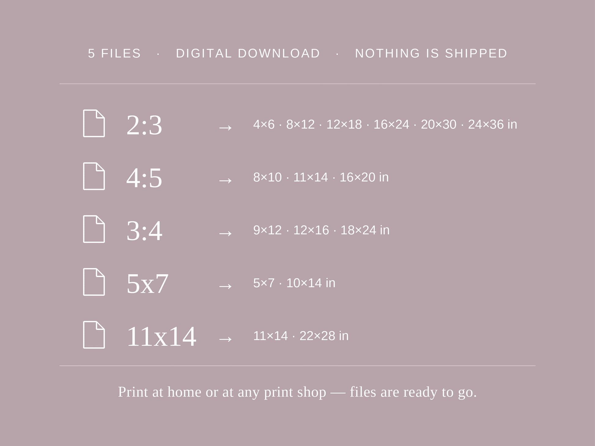 What's included graphic listing file sizes and print dimensions for the digital download
