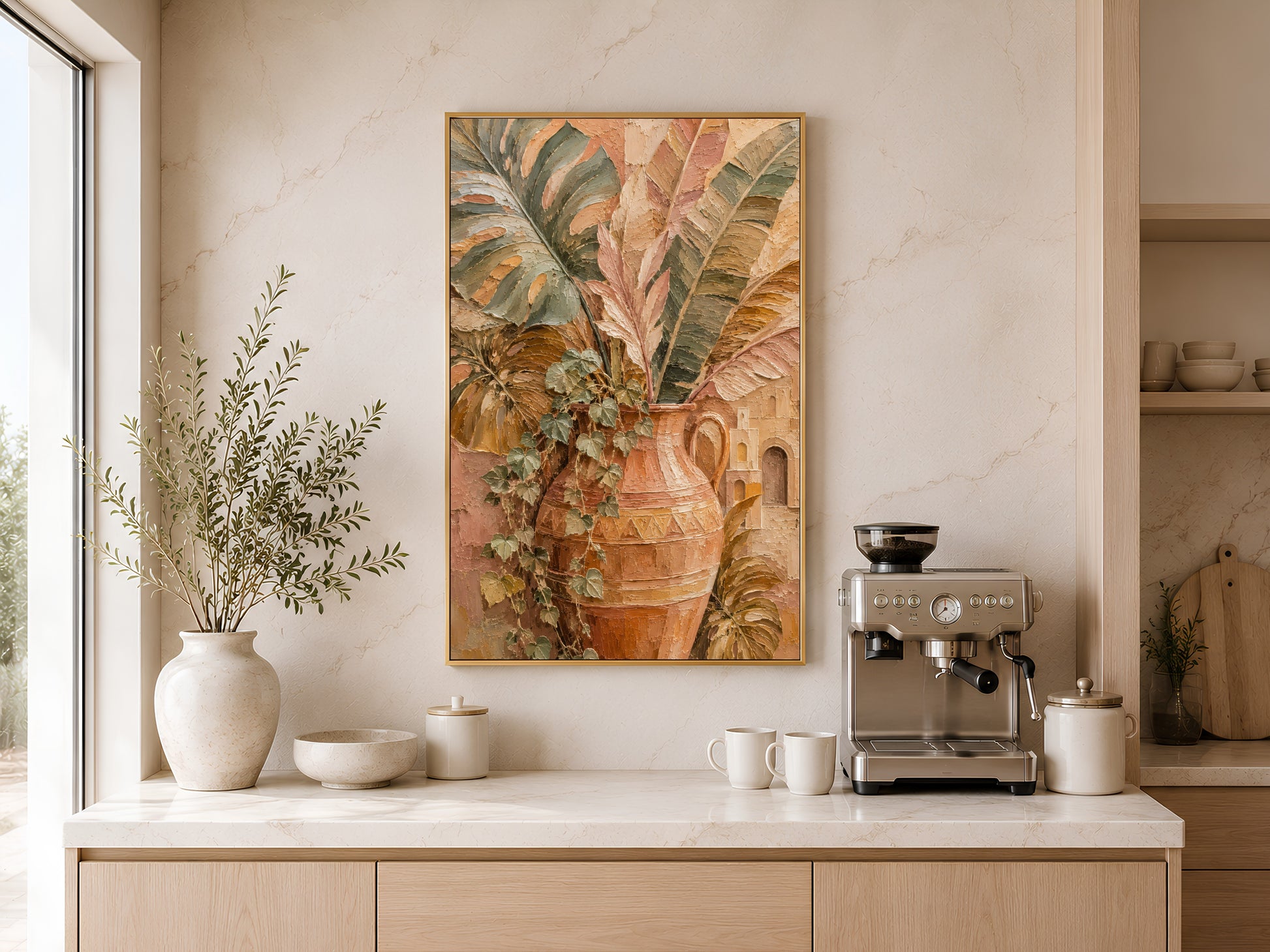 Terracotta botanical vase print in gold frame above kitchen counter with coffee machine and neutral decor

