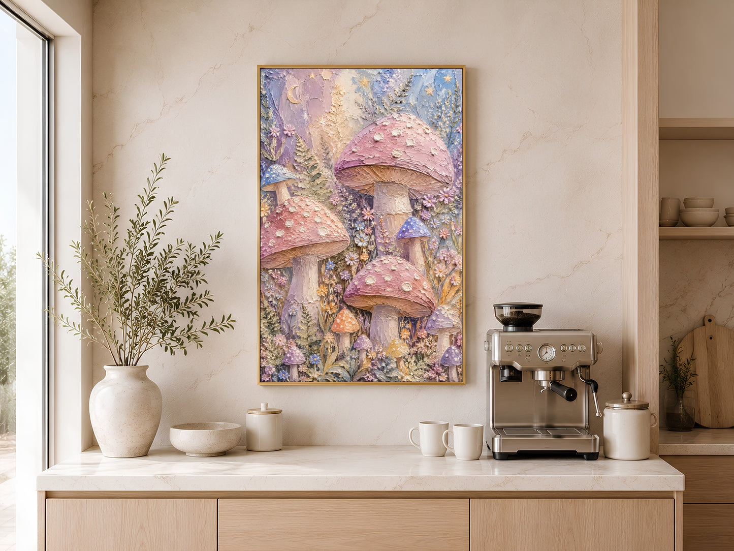 Pastel mushroom print in gold frame above kitchen sideboard with coffee machine and neutral decor
