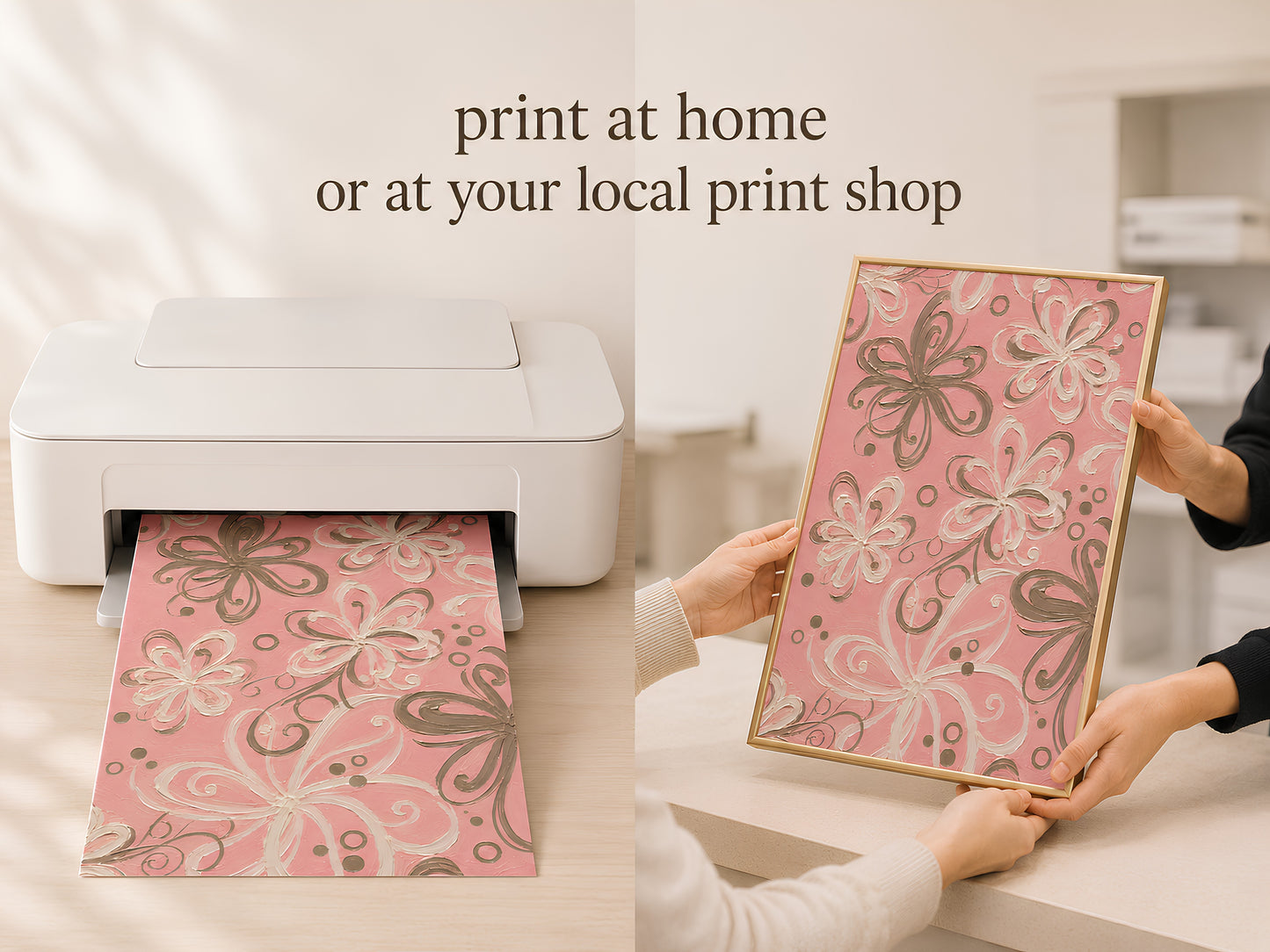 Hands holding printed pink retro swirl floral art coming out of home printer with print at home text overlay
